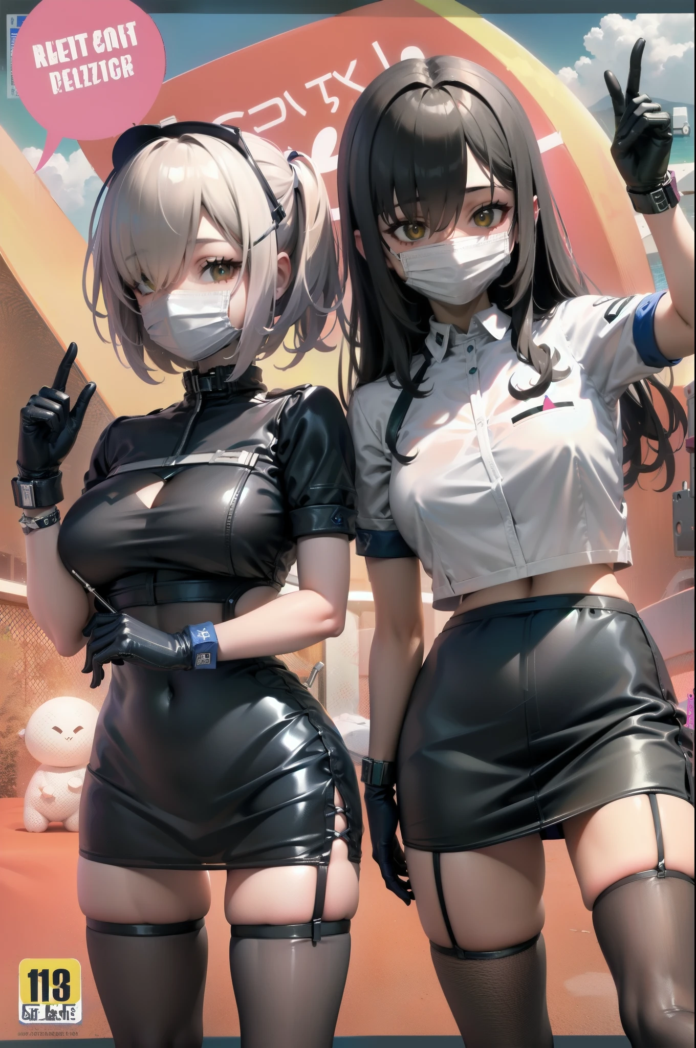 Black Nurse, One girl, alone, Black Nurse cap, Black clothes, ((Black legwear, zettai ryouiki)), Black elbow gloves, Pink Hair, Green Eyes, Droopy eyes, ((Black surgical mask, Cover your nose)), Are standing, ((operating room)), Sharp contours, Short sleeve, highest quality, masterpiece