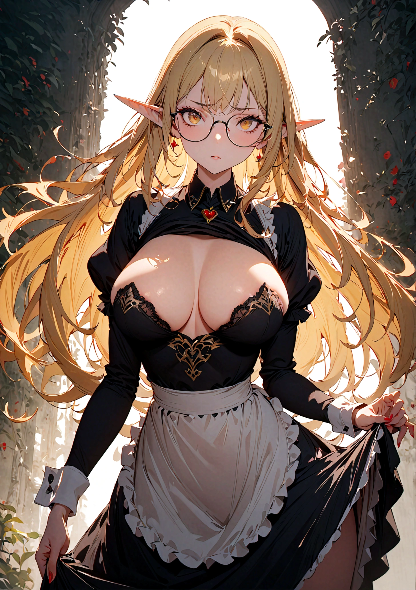 (Disdainful look:1.2),1girl,glasses,maid,elf,yellow eyes,disdain,evil,garters,large breasts,pointy ears,looking at viewer,long hair,blonde hair,expressive hair,clothes lift,best quality,Amazing,masterpiece,delicate,ultra high res,ultra detailed,8K,sharp focus,Lift up your skirt