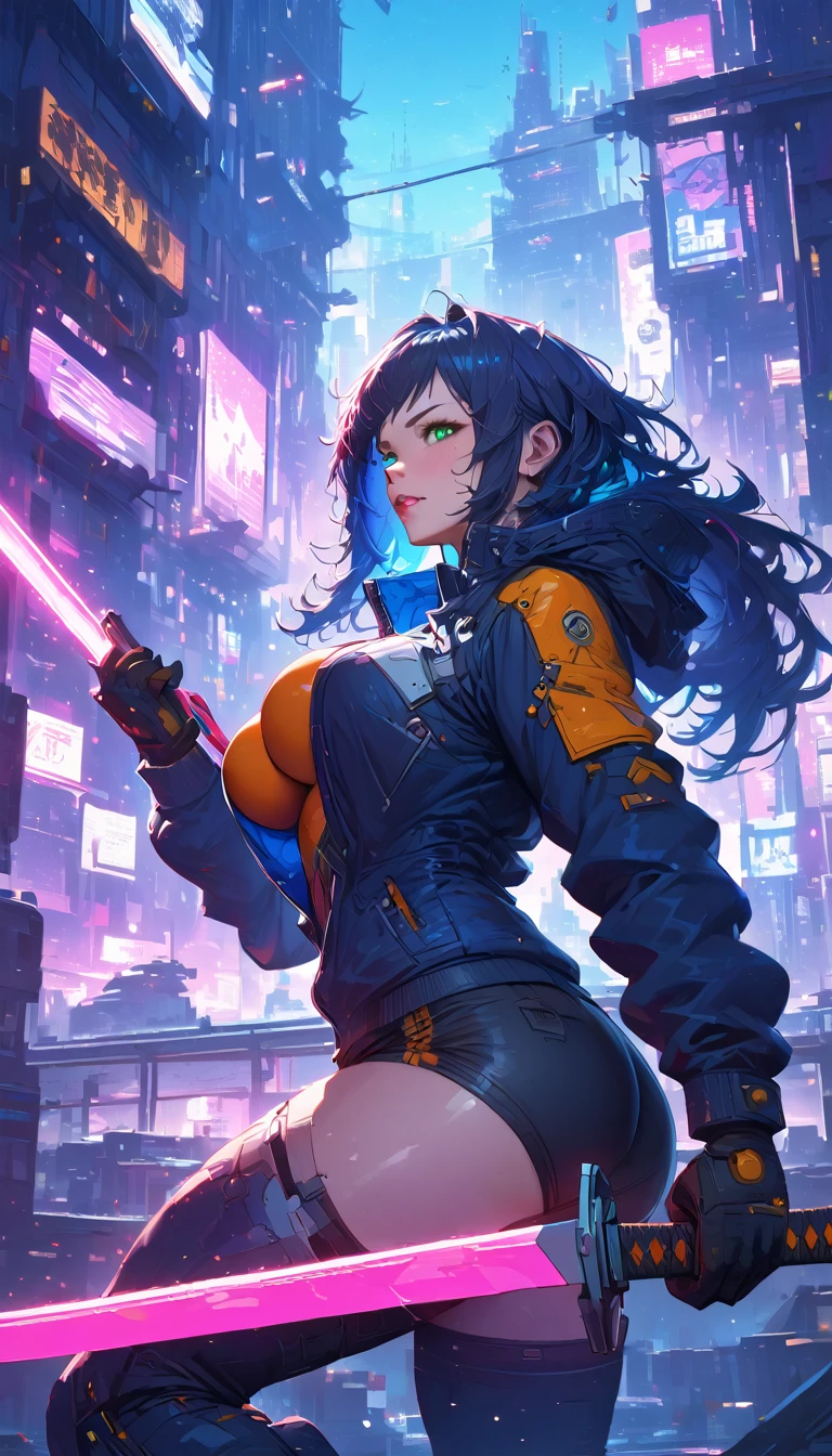 best quality,4k,8k, highres, masterpiece:1.2), ultra-detailed, extremely detailed eyes, extremely detailed body, (large masterpiece digital art), (detailed manga illustration), (detailed line art), ((perfect anatomy)), (intricate details:1.3), (ultra-detailed:1.3), (illustration:1.3), (sharp focus:1.3), (natural lighting:1.05), (vivid colors:1.3), (masterpiece), best quality, expressive eyes, perfect face, 1 girl, breasts, cleavage, gloves, large breasts, cyberpunk clothes, black jacket, dark blue hair, very long hair, messy hair, green eyes, curvy physique, athletic build, wearing black and blue uniform, shorts, fighting stance, huge ass, cyberworld, cinematic lighting, dramatic atmosphere, Beautiful woman, laser katana sword in hand, white skin, long black hair, portrait, Jeff Bridges, ((cartoon style)), Marvel Cinematic Universe style, (((cyberpunk city in the background))), soft bokeh of futuristic city, Atey Ghailan, Jeremy Mann, Greg Manchess, Antonio Moro, trend in ArtStation, trend in CGSociety, Intricate, High Detail, Sharp focus, dramatic and photorealistic painting art by Midjourney and Greg Rutkowski, bokeh in the background