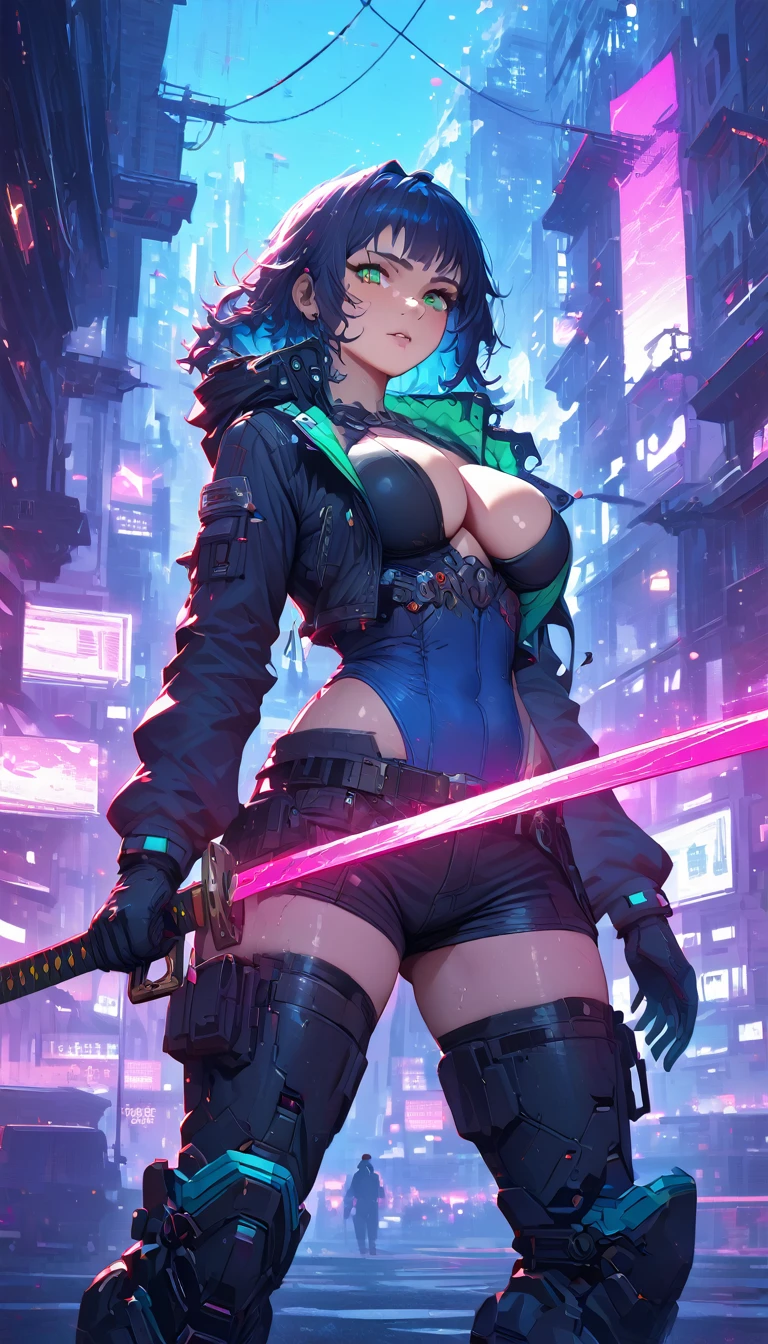 best quality,4k,8k, highres, masterpiece:1.2), ultra-detailed, extremely detailed eyes, extremely detailed body, (large masterpiece digital art), (detailed manga illustration), (detailed line art), ((perfect anatomy)), (intricate details:1.3), (ultra-detailed:1.3), (illustration:1.3), (sharp focus:1.3), (natural lighting:1.05), (vivid colors:1.3), (masterpiece), best quality, expressive eyes, perfect face, 1 girl, breasts, cleavage, gloves, large breasts, cyberpunk clothes, black jacket, dark blue hair, very long hair, messy hair, green eyes, curvy physique, athletic build, wearing black and blue uniform, shorts, fighting stance, huge ass, cyberworld, cinematic lighting, dramatic atmosphere, Beautiful woman, laser katana sword in hand, white skin, long black hair, portrait, Jeff Bridges, ((cartoon style)), Marvel Cinematic Universe style, (((cyberpunk city in the background))), soft bokeh of futuristic city, Atey Ghailan, Jeremy Mann, Greg Manchess, Antonio Moro, trend in ArtStation, trend in CGSociety, Intricate, High Detail, Sharp focus, dramatic and photorealistic painting art by Midjourney and Greg Rutkowski, bokeh in the background