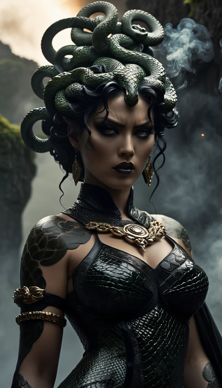 High Resolution, High Quality , Masterpiece. Medusa in a scaled dress in Gekiga anime style infused with Kelley Jones' dark aesthetic, Disgusted Look, serpents Hairstone on her head mid-strike, sharp fangs, intricate jewelry adorning her terror-inducing visage, detail-rich landscape with complex elements in the background, shadows cast creating texture and depth, strategic illumination highlighting a deceptively perfect face amid the grotesque appeal, wisps of smoke enhancing mystique, dynamic pose suggesting motion 