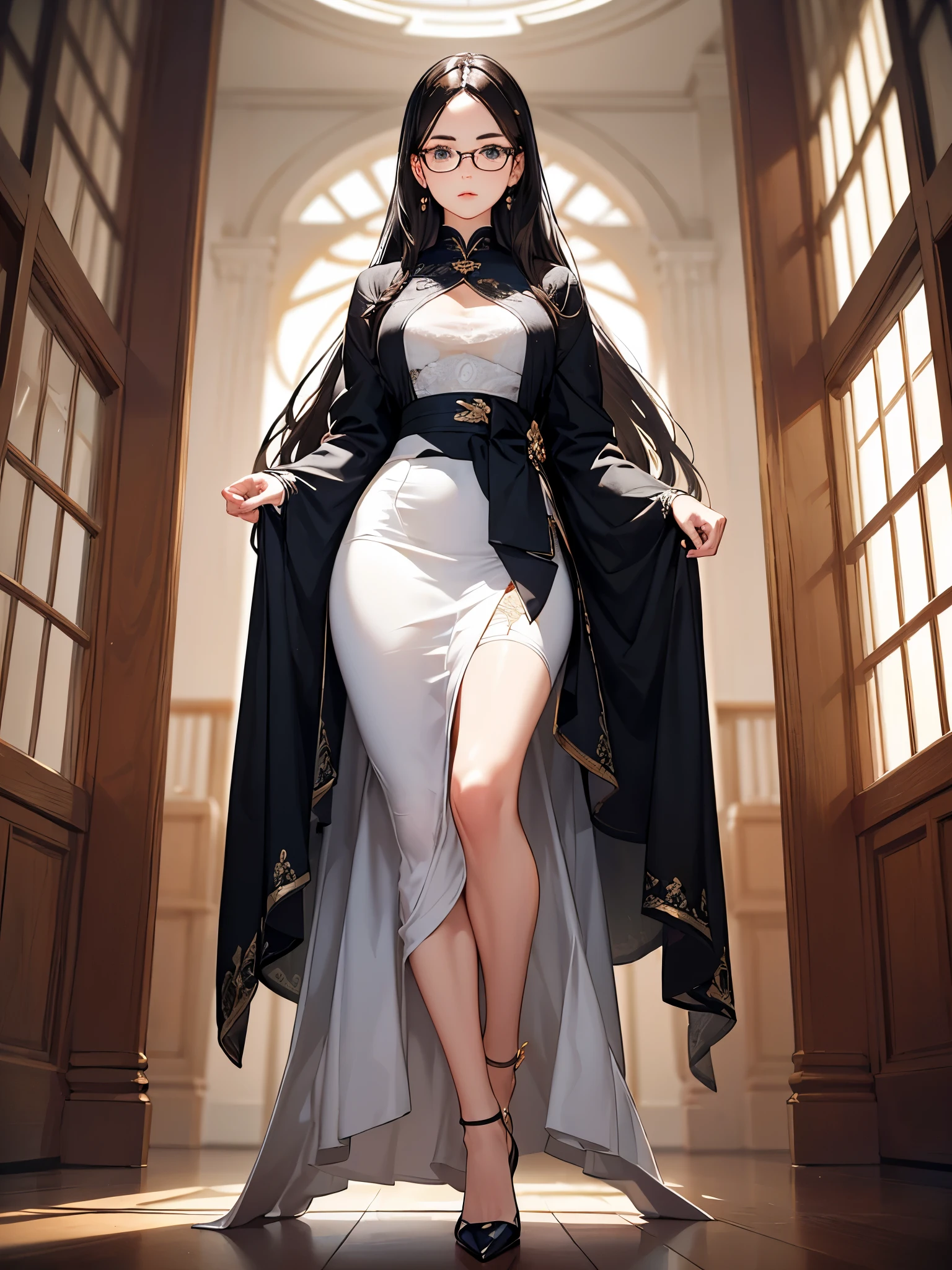 ((Biologically correct limb count))、(( Illustrations including faces))、4K、Masterpiece、((Focus on the face))、((Symmetrical, well-proportioned facial features))、Eyes with delicate depictions、Beautiful woman、Outstanding style、Slender Body、(suit、High heels、((skirt)))、(Looking up)、((Realistic photo))、（The background is the office、computer）、Look Up、Photo with white border、Glasses