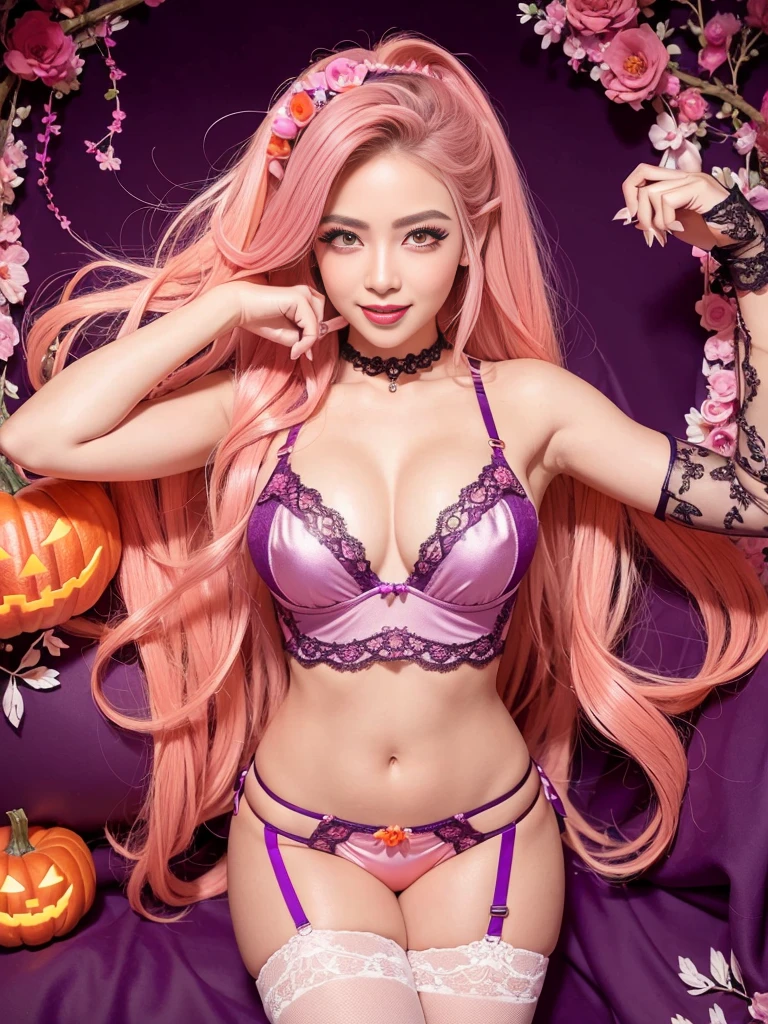 ultra realistic girl, lip-gloss, very long lashes, lipstick, defined eyebrows, ultra detailed metallic eye-makeup, happy smile, orange and pink ombre flowers background, portrait, halloween, goth, gyaru, purple flowing hair, garter belt, cute lack lace underwear, sweet and sexy, seductive pose