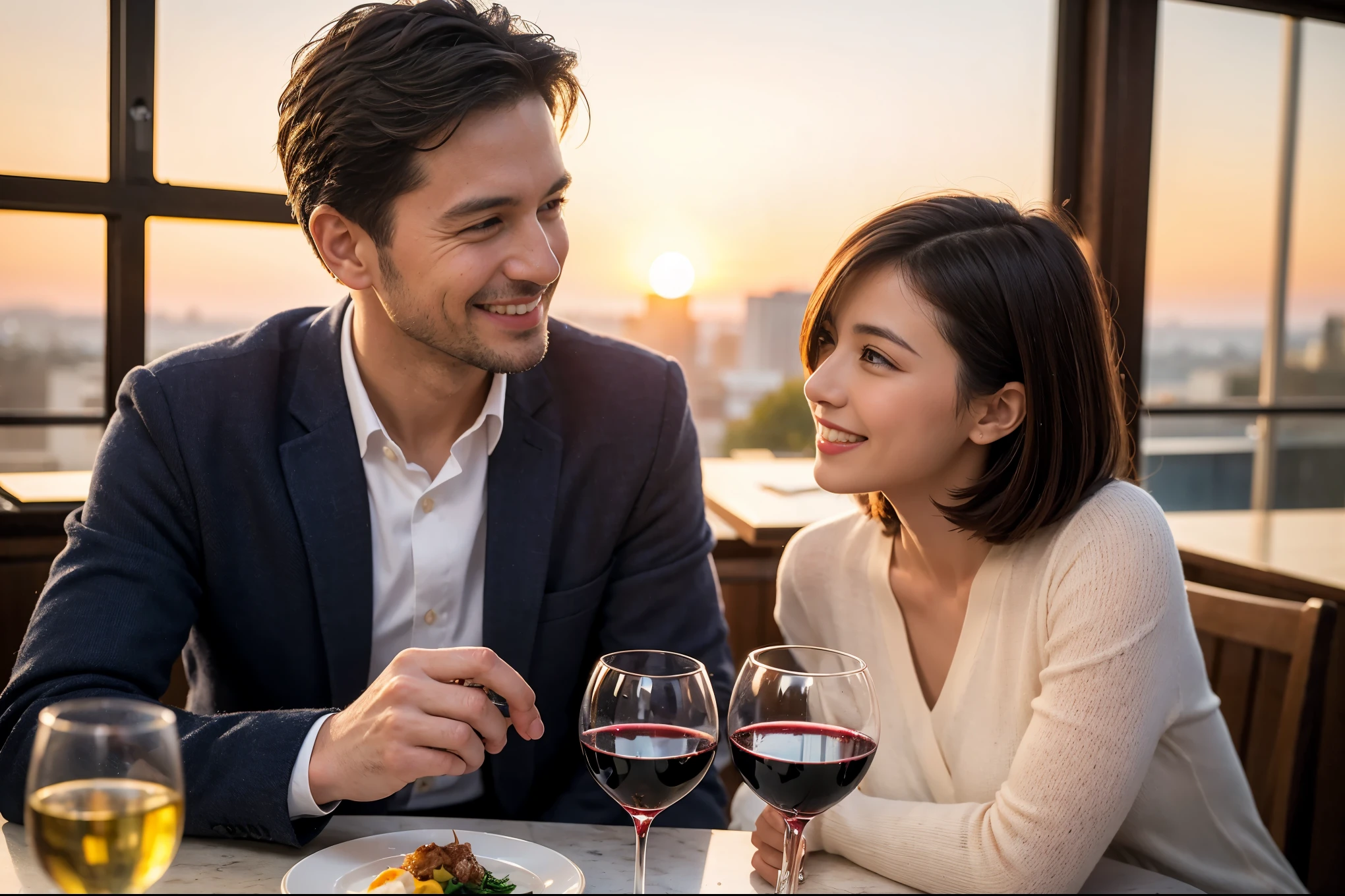 ((highest quality、8k、masterpiece:1.3))、 (Genuineistic, Genuine、Bright image、Intricate details:1.2), Best smile 1 man 1 woman、Beautiful Couple、spouse、Couple、family、Beautiful Couple、Smile、full-course dinner、 (Slim face), (The body is slim), (Brown Hair), (short hair), テーブルの上のwine glass、Please shine a light on my face、 Amazing view of the sunset sky and clouds、 (Age 44), 41 years old, red wine 、Appetizers、Wine bottle、sparkling wine、Long sleeve shirt、dress、White wine, red wine, wine glass,