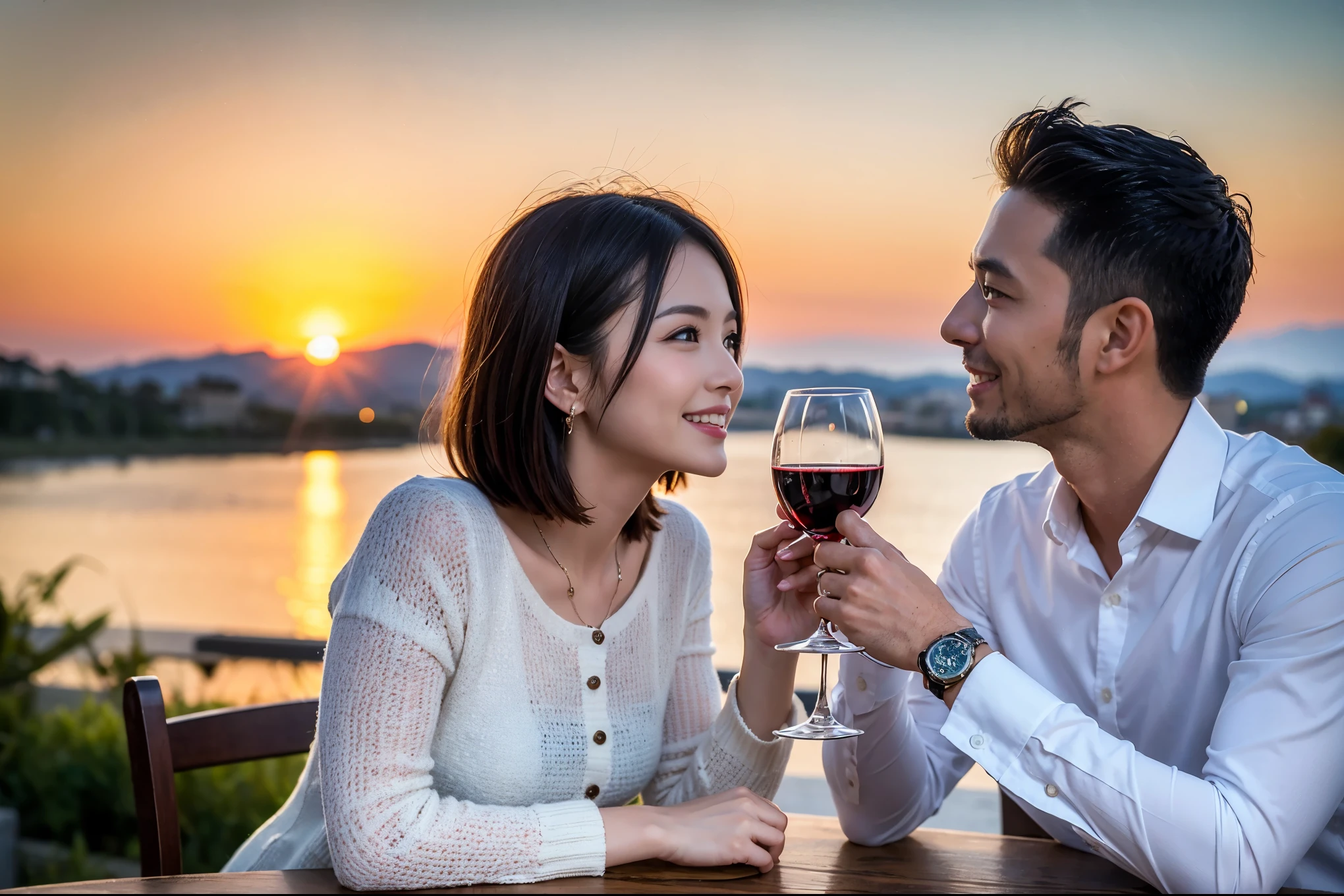 ((highest quality、8k、masterpiece:1.3))、 (Genuineistic, Genuine、Bright image、Intricate details:1.2), Best smile 1 man 1 woman、Beautiful Couple、spouse、Couple、family、Beautiful Couple、Smile、full-course dinner、 (Slim face), (The body is slim), (Brown Hair), (short hair), テーブルの上のwine glass、Please shine a light on my face、 Amazing view of the sunset sky and clouds、 (Age 44), 41 years old, red wine 、Appetizers、Wine bottle、sparkling wine、Long sleeve shirt、dress、White wine, red wine, wine glass,