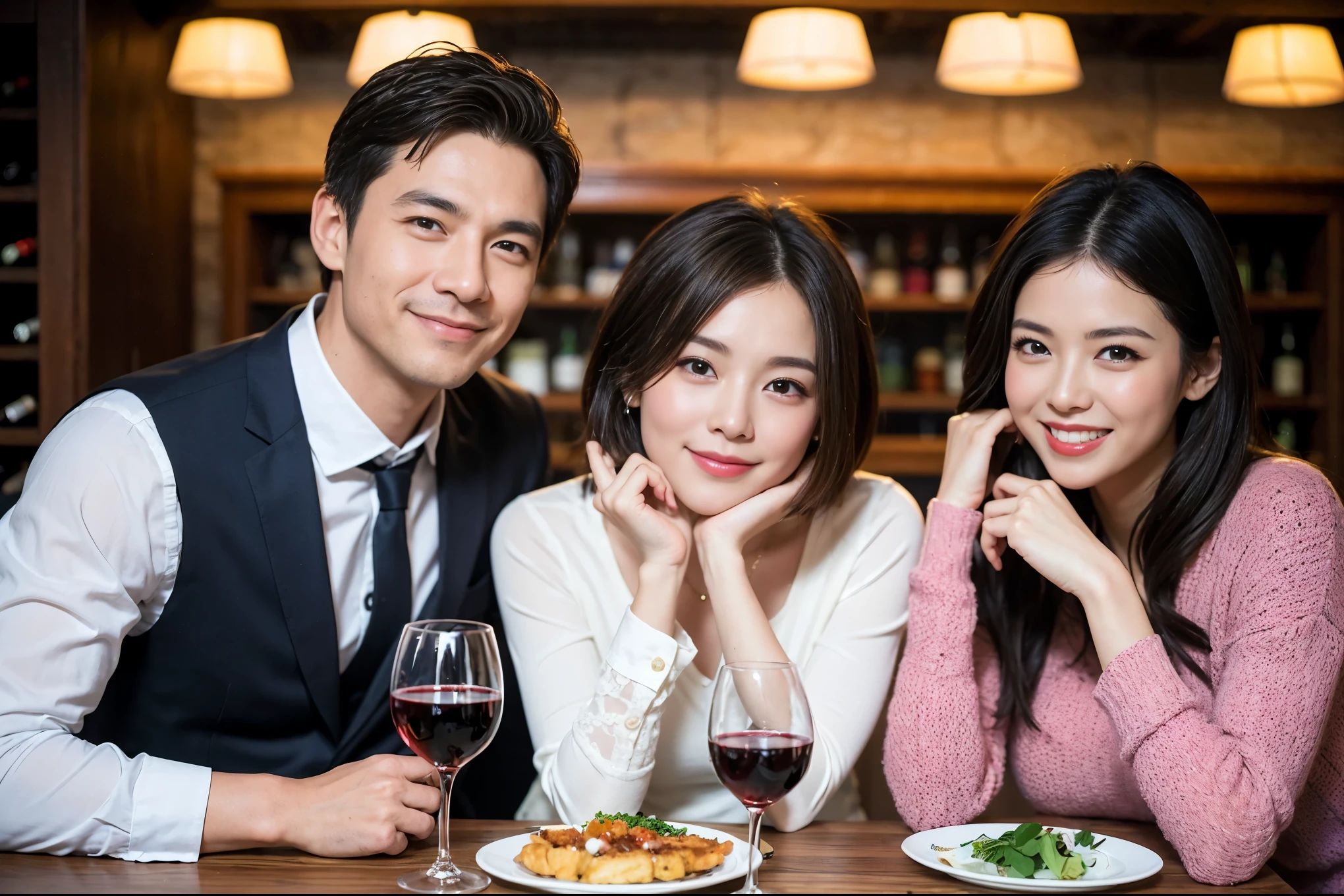 ((highest quality、8k、masterpiece:1.3))、 (Genuineistic, Genuine、Bright image、Intricate details:1.2), Best smile 1 man 1 woman、Beautiful Couple、spouse、Couple、family、Beautiful Couple、Smile、full-course dinner、 (Slim face), (The body is slim), (Brown Hair), (short hair), テーブルの上のwine glass、Please shine a light on my face、 Amazing view of the sunset sky and clouds、 (Age 44), 41 years old, red wine 、Appetizers、Wine bottle、sparkling wine、Long sleeve shirt、dress、White wine, red wine, wine glass,