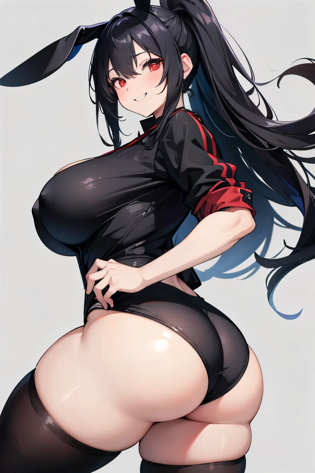 high quality, no errors, anime style, solo, 1 girl, bunny girl, long black bunny ears, black bunny tail, big incisor teeth showing, long black hair, red eyes, huge breasts, big fat ass, very thighs thick, wearing casual clothes, smiling