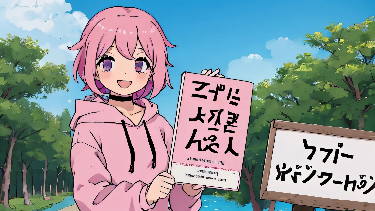 anime girl, short pink hair, pink hoodie, choker, standing holding a sign, with two hands, happy smiling, outdoors