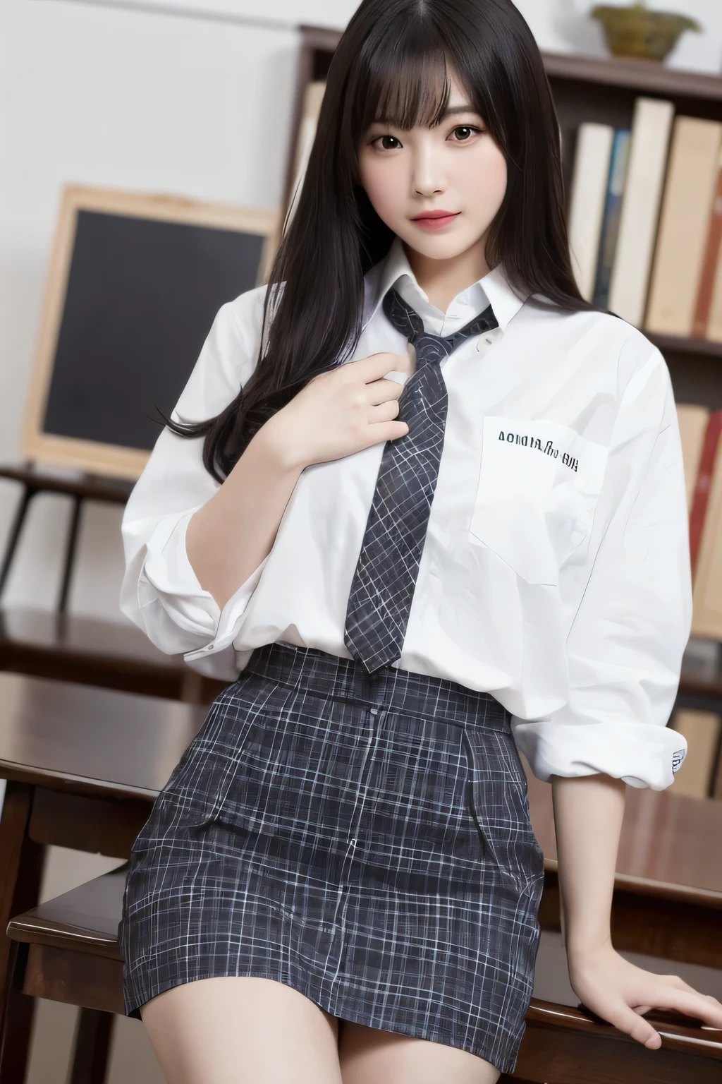 ((8k:1.27, highest quality, masterpiece, Ultra-high resolution: 1.2)) Cute Japanese Women Photos (beautiful:1.1) ,One Woman,,Roll up your skirt,gravure,Sexy pose,,Medium Hair,Black Hair,Iris,Embarrassing, Beautiful face,In the classroom,(highest quality,masterpiece,Super detailed,masterpiece), Very elegant and beautiful