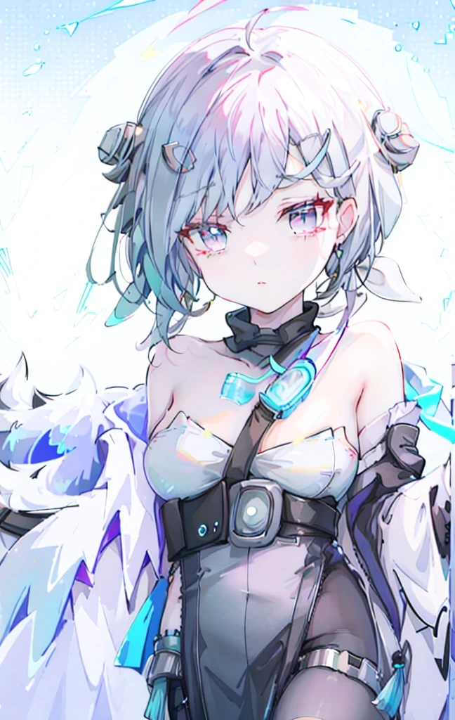 beautiful, masterpiece, Highest quality, anime, One girl, C Cup,Portrait Shot, View your viewers, Covered、Short Hair、nearby、Blue Eyes、art、、White hair,Blue streaked hair、wallpaper、hairpin、Thighs、navel、Floating sci-fi hair accessories、Sci-fi knee-high boots、Cute、HARD Ripped SF Underskirt、HARD torn sci-fi combat uniform、Embarrassed