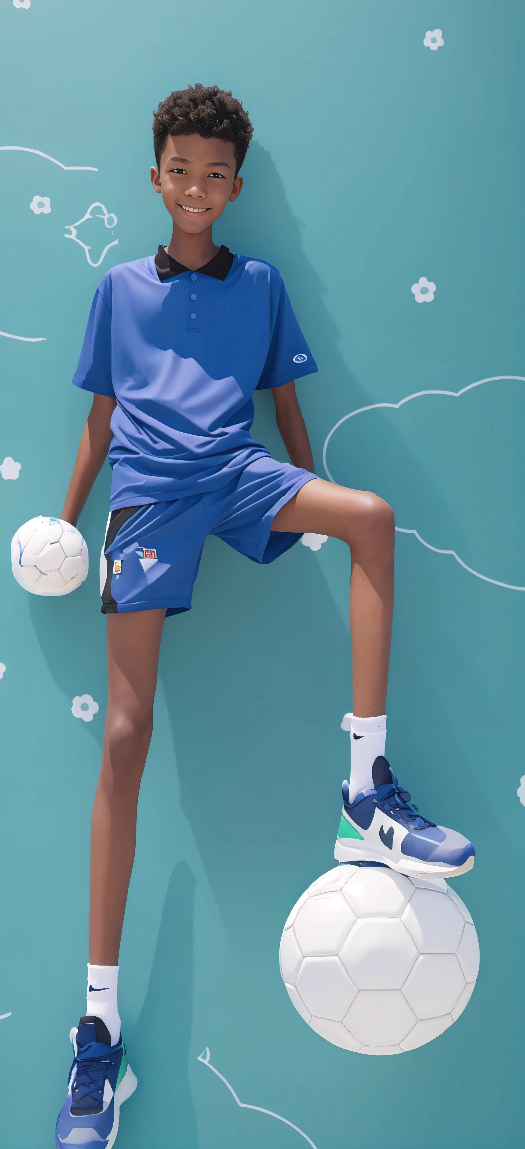 14 year old boy,(Wearing white tennis clothes,Wearing green socks),Dark skin,Big round eyes,Very short hair,Tall and skinny,Toothy Smile,Sharpen details,Knee muscle lines,Blue Background