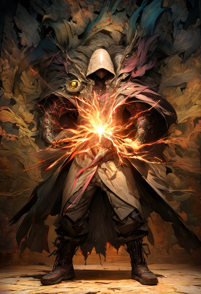 masterpiece, Rogue assassin boy, goku wearing a hood, blonde hair, shrouded in shadows, holding a flaming dagger in each hand, vibrant glowing abyssal colors, entirely in frame, FULL BODY, radiating electrical energy, Full body, Beautiful anime style boy, hyperdetailed painting, luminism, art by Carne Griffiths and Wadim Kashin concept art, 8k resolution, fractal isometrics details bioluminescence , 3d render, octane render, intricately detailed , cinematic, trending on art station Isometric Centered hyper realistic cover photo awesome full color, hand drawn , gritty, realistic, intricate, hit definition , cinematic, Rough sketch, bold lines, on paper, vibrant, epic, ultra high quality model