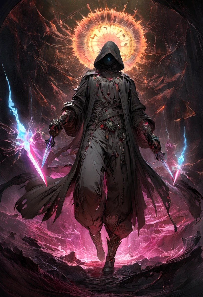 masterpiece, Rogue assassin boy, goku wearing a hood, blonde hair, shrouded in shadows, holding a flaming dagger in each hand, vibrant glowing abyssal colors, entirely in frame, FULL BODY, radiating electrical energy, Full body, Beautiful anime style boy, hyperdetailed painting, luminism, art by Carne Griffiths and Wadim Kashin concept art, 8k resolution, fractal isometrics details bioluminescence , 3d render, octane render, intricately detailed , cinematic, trending on art station Isometric Centered hyper realistic cover photo awesome full color, hand drawn , gritty, realistic, intricate, hit definition , cinematic, Rough sketch, bold lines, on paper, vibrant, epic, ultra high quality model