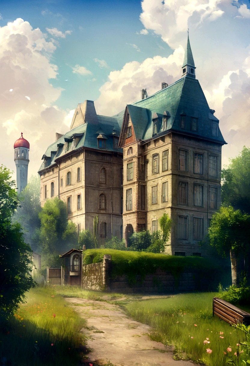 realista, Real, Beautiful and Stunning Landscape Oil Painting Studio Ghibli Hayao Miyazaki Petals Grasslands Blue Sky Grasslands Country Road,edificio,