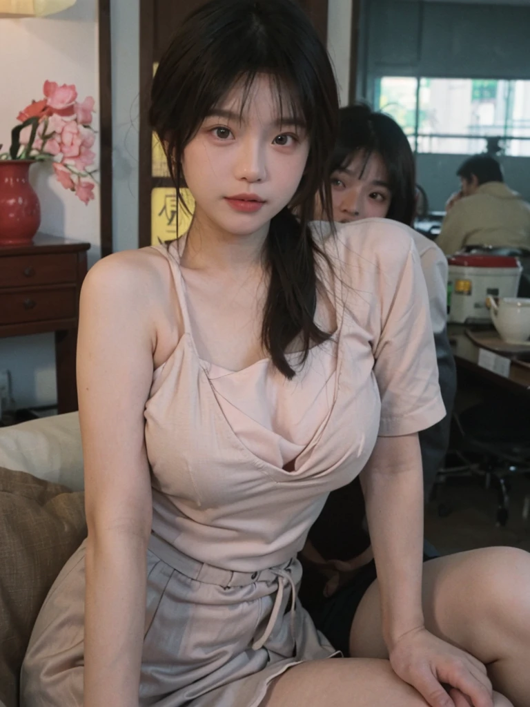 Two people have sex: 1 male and 1 female. The man is a 70-year-old Chinese man, chiều cao 180cm ((naked, fat, hấp dẫn, Chinese people, burly, Large penis 20cm long, fatty) (Extremely detailed)); The woman is a 16-year-old female Korean student, chiều cao 165cm ((Pretty, Brown hair, White skin, big eye, pink lips, innocent, gentle, naked, ngực F cup, large nipples, large pink areola, mông đầy đặn) (super detailed)); sitting posture, 100% body, The man lies below the girl, Men touch sensitive parts, dương vật đút vào âm đạo; Girl sits on man's penis; There was sweat on the girl's body, semen; on the table, next to the window
