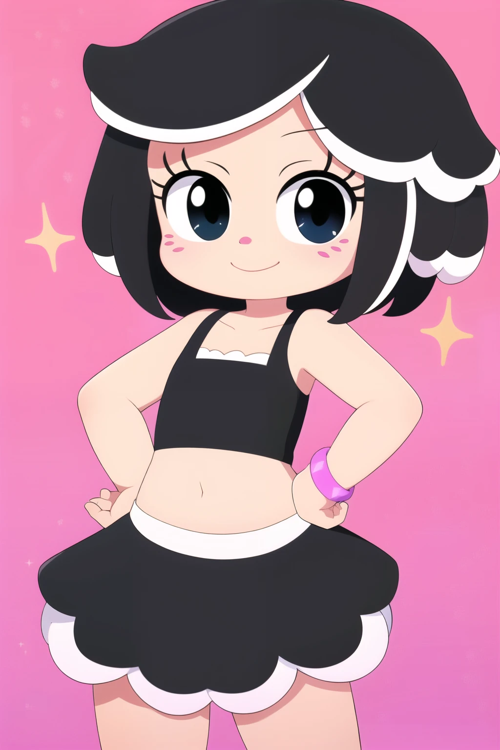 (masterpiece), 1girl, solo, hanazuki, black hair, highlights, pink nose, freckles, bracelet, black crop-top, black skirt, trimmings, pink background, heart, sparkles, bubbles, pastel colors, pastel bubbles, one hand on hip, joyful, happy, smile, cute smile,