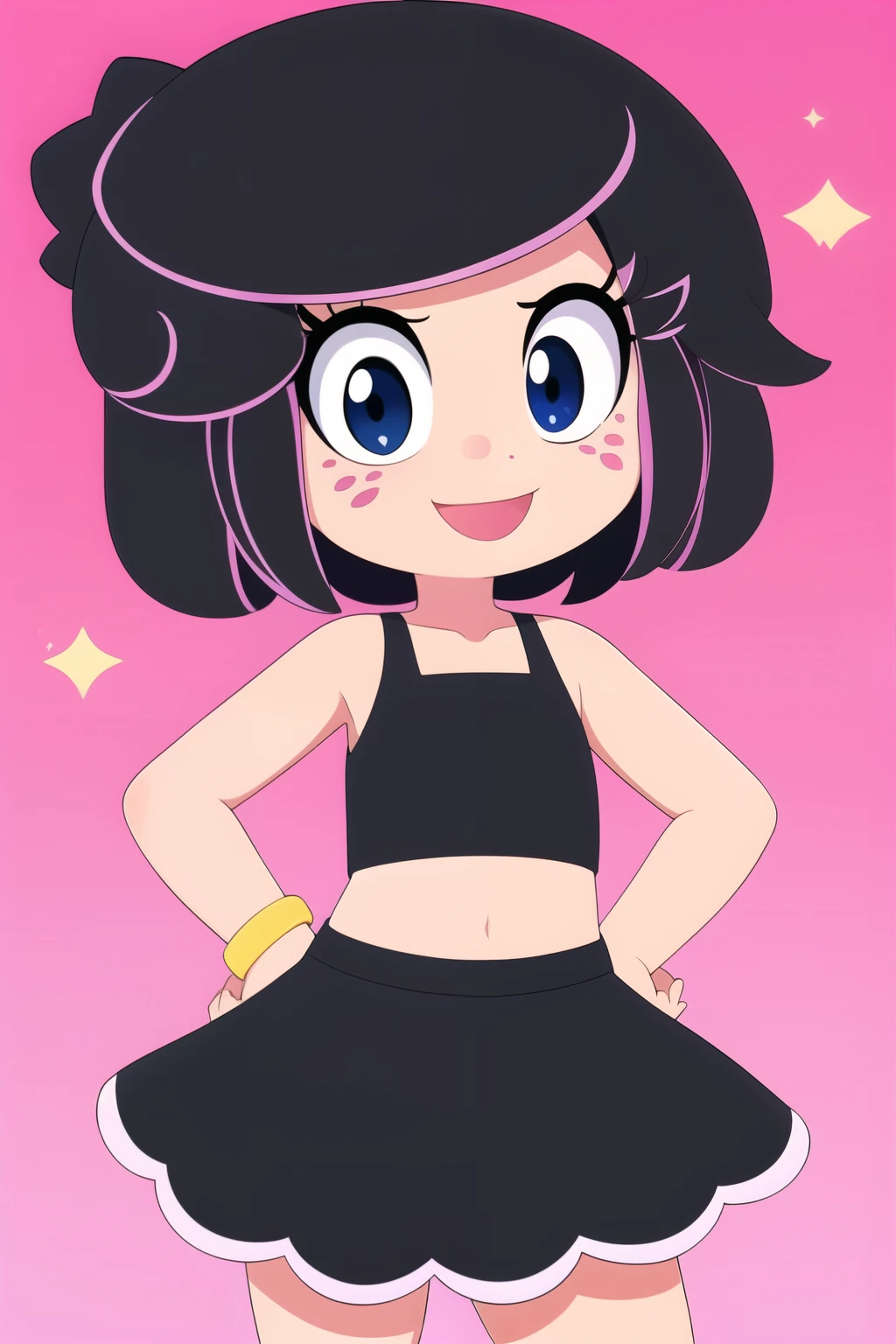 (masterpiece), 1girl, solo, hanazuki, black hair, highlights, pink nose, freckles, bracelet, black crop-top, black skirt, trimmings, pink background, heart, sparkles, bubbles, pastel colors, pastel bubbles, one hand on hip, joyful, happy, smile, cute smile,