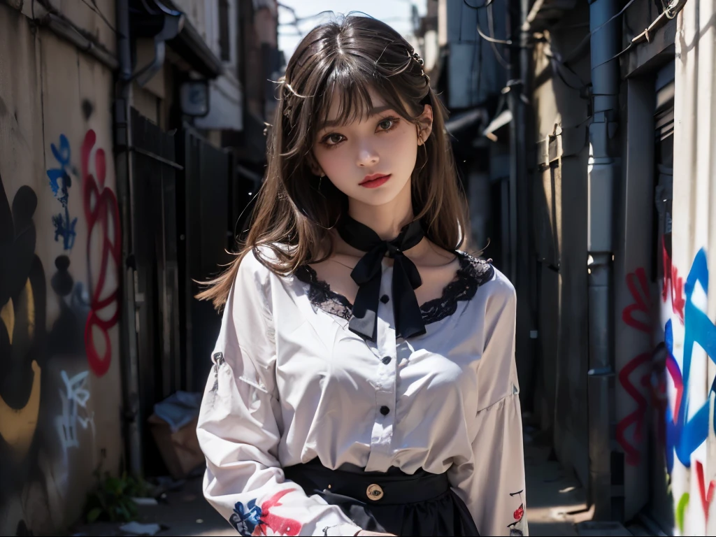 RAW Photos, 8k, (highest quality), Realistic, (live-action, Intricate details), (Natural skin texture, Detailed skin, Hyperrealism, Sharpness), (Japanese teenage girl standing in a dirty back alley at night, graffitied wall:1.3), ((Gray and white Jirai fashion, skirt, blouse)), (Pale skin:1.2), Slender body, ((Blonde, Long Hair, Blunt bangs)), (Fascinating face, Provocative look, Lips parted:1.3, eye shadow, eyeliner, Tear bags:1.2, Red lips, Dark circles under the eyes), A shy smile, graffiti:1.5, at night, Spot lighting:1.3, Upper Body Shot