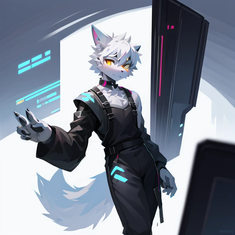 cyber punk perssonage，epcot，Tech style，solo person，White body，White ears，White hair，Overall white，Orange-yellow eyes，Wolf tail，Wolf orcs，Young，Wear a short-sleeved shirt，Ultra-clear screen，Soft lines