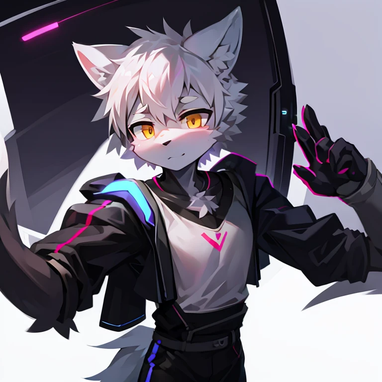 cyber punk perssonage,epcot,Tech style,solo person,White body,White ears,White hair,Overall white,Orange-yellow eyes,Wolf tail,Wolf orcs,Young,Wear a short-sleeved shirt,Ultra-clear screen,Soft lines