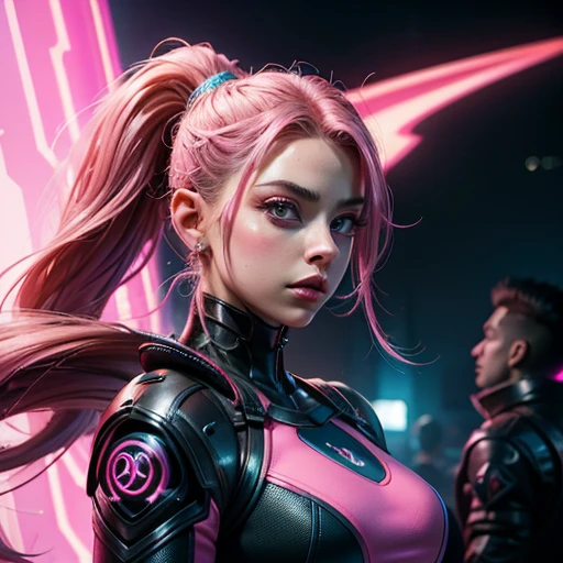 Neon Pink Cybergoth Female in a Galactic Costume: An Exquisite Cosplay Masterpiece
This magnificent digital painting, garnering attention on ArtStation, is a stunning representation of a unique character. Meticulously crafted, the character combines elements of Aubrey Plaza's Goblin Clanton, Alison Brie, and Jean Delville's Serene Killer, resulting in an intriguing blend of rebellious neon cyberpunk and classic elegance.
The character's physique is accentuated by thick, radiantly shimmering lips and evident musculature, creating an unforgettable impression. She dons a modernized Mad Men