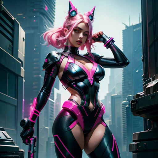 Woman standing in futuristic room,Pink hair like a hamman,Narrowed eyes.I'm crossing my arms.,