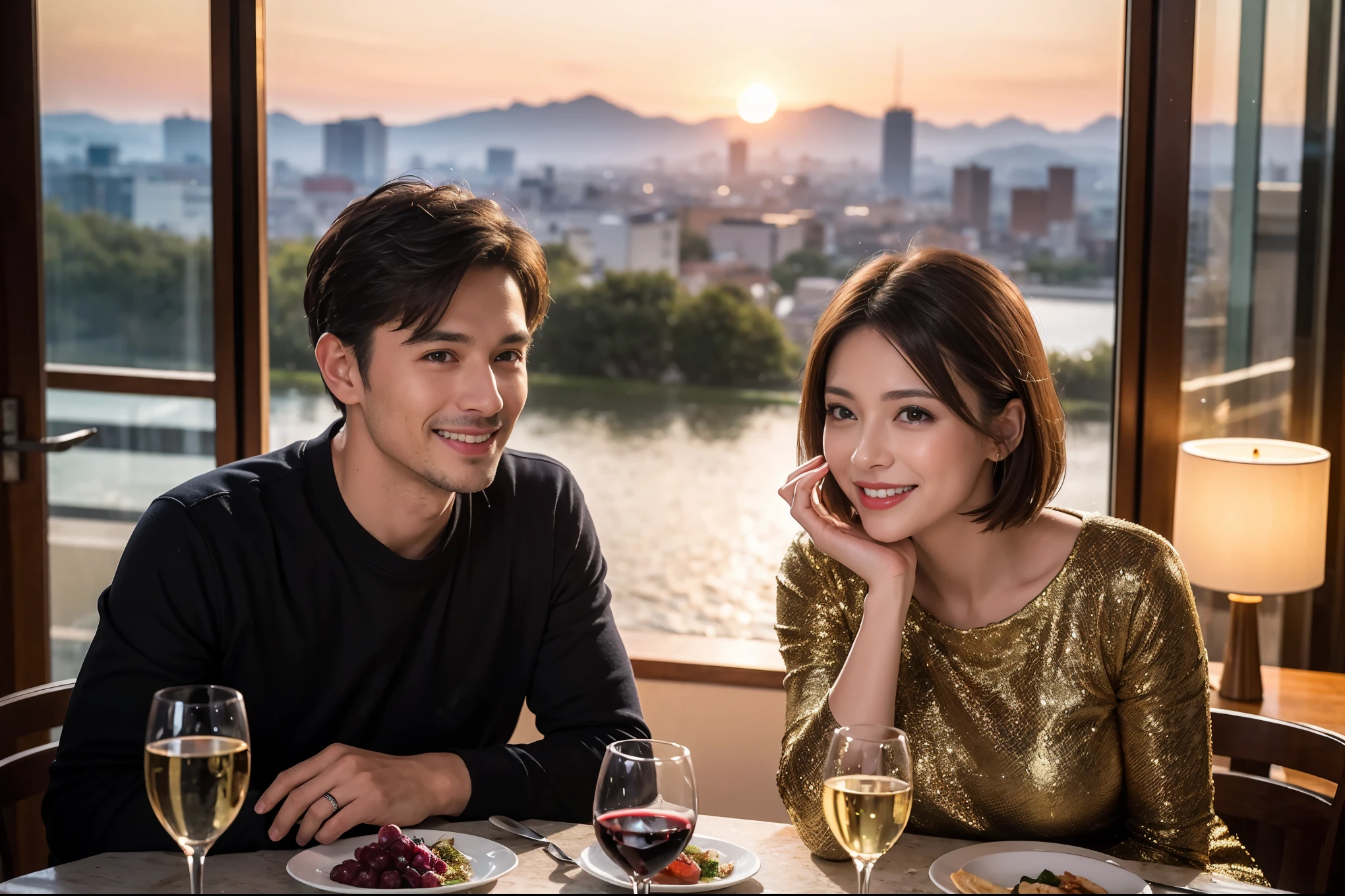 ((highest quality、8k、masterpiece:1.3))、 (Genuineistic, Genuine、Bright image、Intricate details:1.2), Best smile 1 man 1 woman、Beautiful Couple、spouse、Couple、family、Beautiful Couple、Smile、full-course dinner、 (Slim face), (The body is slim), (Brown Hair), (short hair), テーブルの上のwine glass、Please shine a light on my face、 Amazing view of the sunset sky and clouds、 (Age 44), 41 years old, red wine 、Appetizers、Wine bottle、sparkling wine、Long sleeve shirt、dress、White wine, red wine, wine glass,