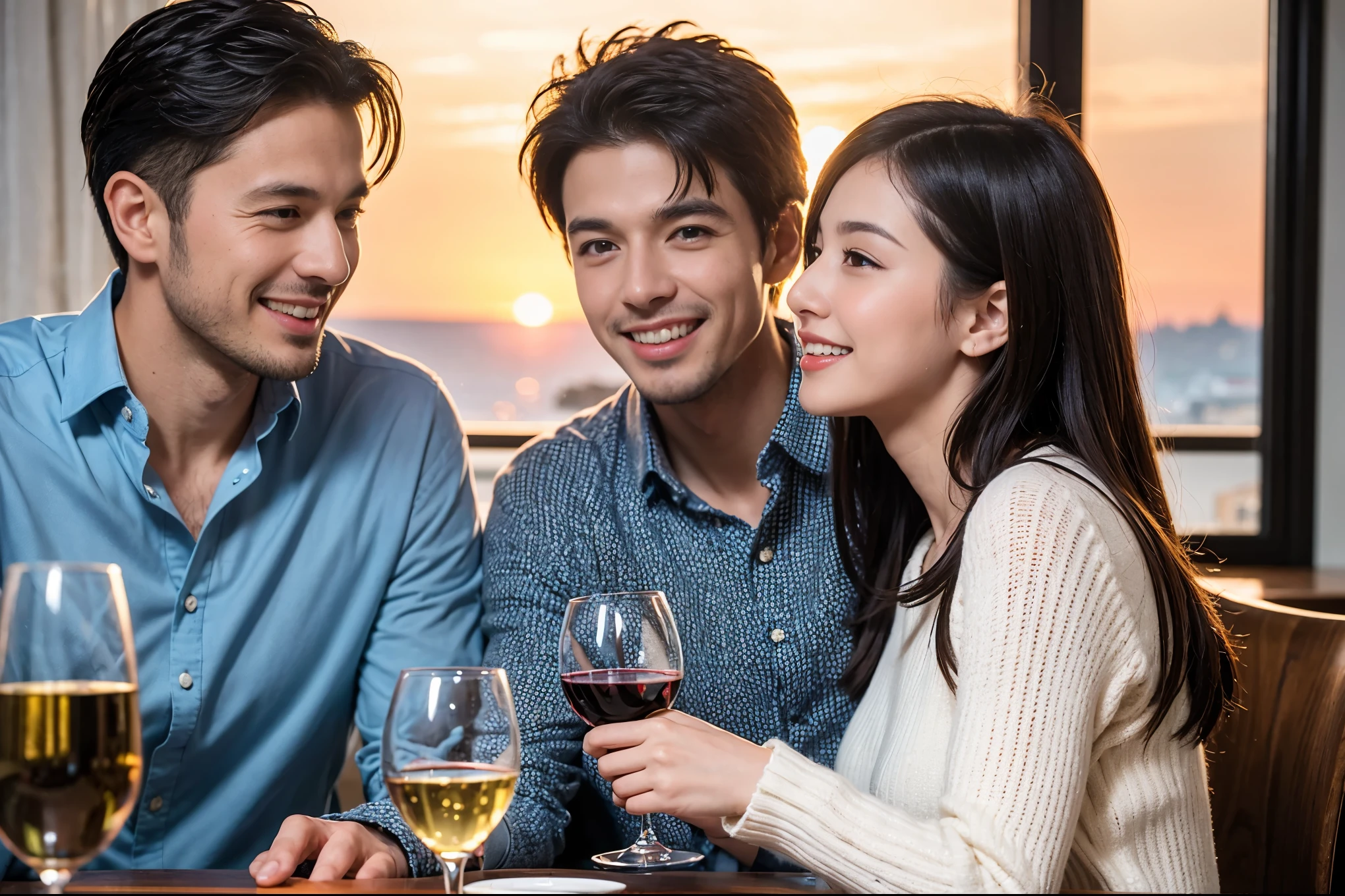 ((highest quality、8k、masterpiece:1.3))、 (Genuineistic, Genuine、Bright image、Intricate details:1.2), Best smile 1 man 1 woman、Beautiful Couple、spouse、Couple、family、Beautiful Couple、Smile、full-course dinner、 (Slim face), (The body is slim), (Brown Hair), (short hair), テーブルの上のwine glass、Please shine a light on my face、 Amazing view of the sunset sky and clouds、 (Age 44), 41 years old, red wine 、Appetizers、Wine bottle、sparkling wine、Long sleeve shirt、dress、White wine, red wine, wine glass,
