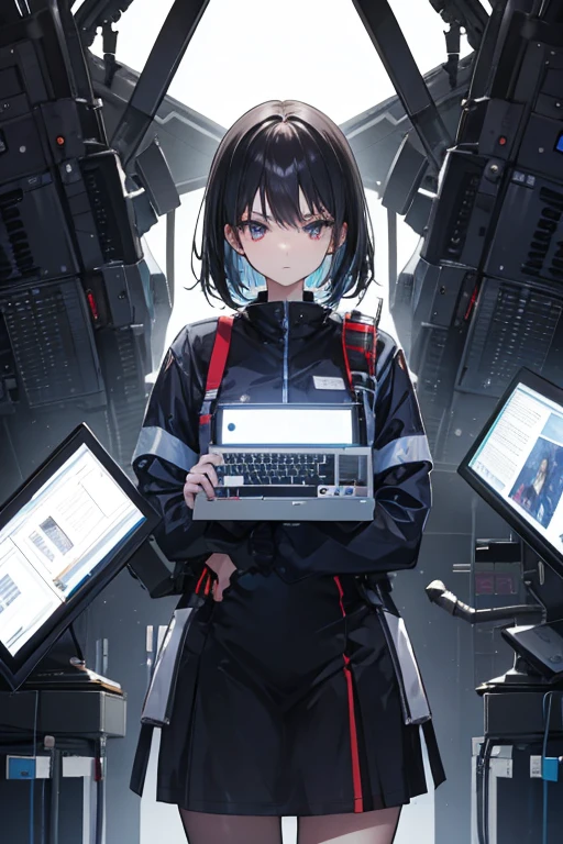 Technician dressed as a black-haired young woman with a serious expression, the background is a large scientific observatory with many large screens and staff