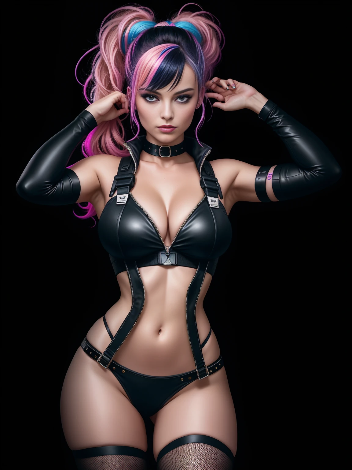 there is Margot Robbie, navy blue and bright purple neon streaked hair, hair in pony tail, 3 d neon art of a womans body, neon-noir background, cyberpunk femme fatale, seductive cyberpunk dark fantasy, cyberpunk strip clubs, cyberpunk 20 y. o model girl, oppai cyberpunk, banner, high definition cgsociety, cgsociety masterpiece, trending on cgstation, kda, random hair, looking at camera, gigantic breasts, cleavage, (high detailed skin:1.2), 8k uhd, dslr, super lighting, high quality, film grain, high res, highly detailed, hyper realistic, beautiful face, beautiful body, beautiful eyes nose lips, alluring expression, very bold, upper visible, full body photo, standing legs apart, pale translucent glowing skin, most beautiful face, cute, (well defined pubic hair:1.2)), (dark plain black background:1.4))