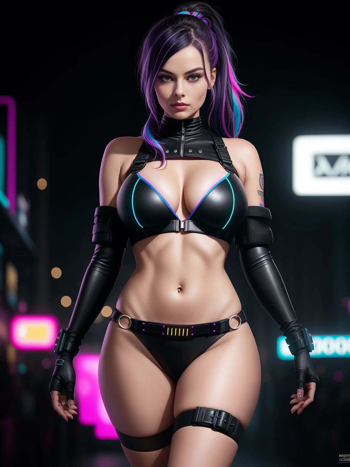 there is Margot Robbie, navy blue and bright purple neon streaked hair, hair in pony tail, 3 d neon art of a womans body, neon-noir background, cyberpunk femme fatale, seductive cyberpunk dark fantasy, cyberpunk strip clubs, cyberpunk 20 y. o model girl, oppai cyberpunk, banner, high definition cgsociety, cgsociety masterpiece, trending on cgstation, kda, random hair, looking at camera, gigantic breasts, cleavage, (high detailed skin:1.2), 8k uhd, dslr, super lighting, high quality, film grain, high res, highly detailed, hyper realistic, beautiful face, beautiful body, beautiful eyes nose lips, alluring expression, very bold, upper visible, full body photo, standing legs apart, pale translucent glowing skin, most beautiful face, cute, (well defined pubic hair:1.2)), (dark plain black background:1.4))