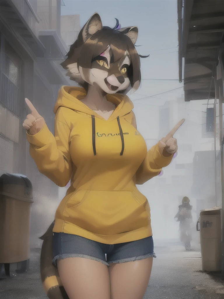 1girl, nsfw, (detailed face:1.1), (furry:1.2), (fluffy:1.1), (anthro:1.2), (snout:1.2), short hair, large breasts, (brown hair:1.1, yellow hoodie:1.1), (raccoon ears:1.1, raccoon tail:1.1), (gynomorph:1.4), (smile:1.1, open mouth), looking at viewer, (alleyway, trash can:1.1, sunrise, fog)