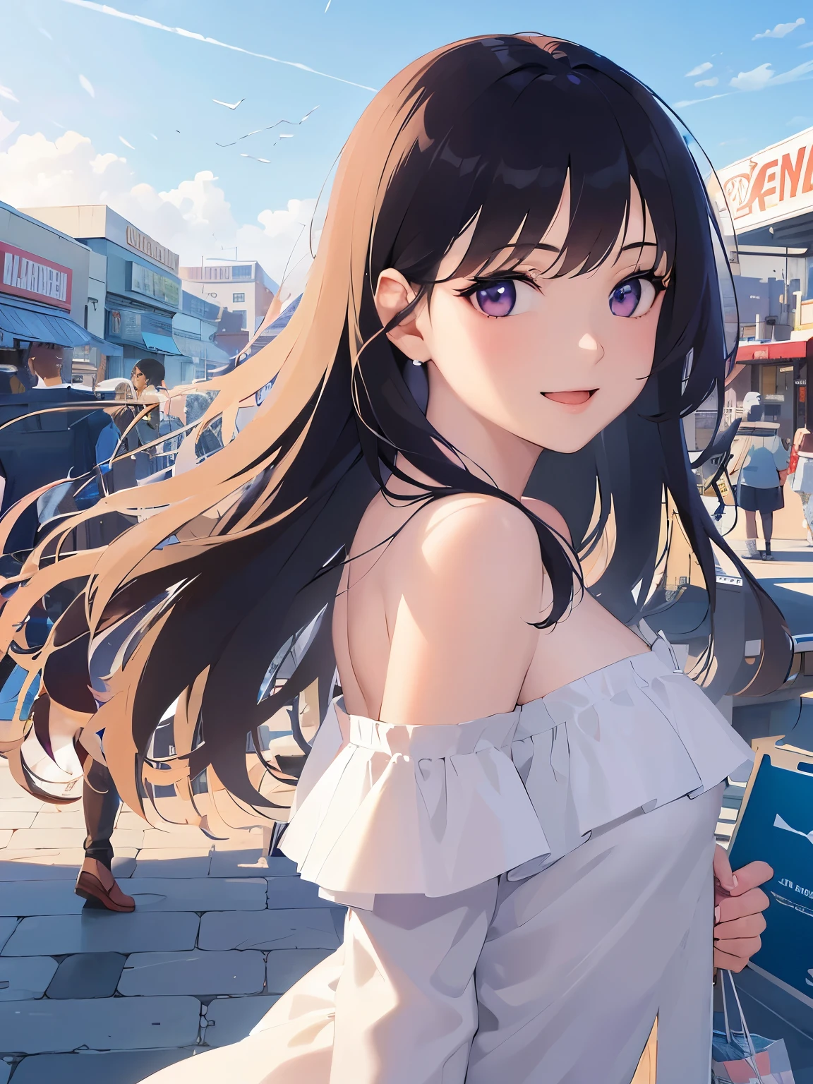 The background is a shopping street