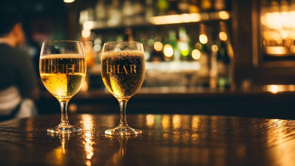 Written boundary depth, HD detailed, Wet Watermark, Hyper Detail, Realistic photos, 16k, Surrealism, Deep focus bokeh, Ray Tracing, Sepia、bar、There is champagne in the glass、 Focus on the glass