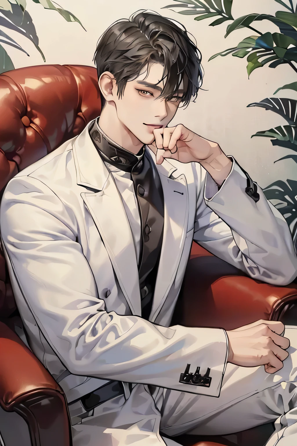 (4K works))、masterpiece、(top-quality)、Korean Man、Adult Man、((Adult 30 years old))、((Adult boy type))、((Leather Jeans Style))、Cool Men、tall、((Wild features))、((Wild look))、((smile expressions))、((Long sleeve white long trouser style))、((Diamond face))、((Thin Almond Eyes))、Slim body、(((short-haired)))、((Shot alone))、((Solo Photography))、Professional Photos、((He is in front of the viewer))、((Monochrome photography))、((Upper body photography))、((Sick Man))、((Mine Mans))、((sitting on the chair with his hand on his chin sassy pose))Fix fingers