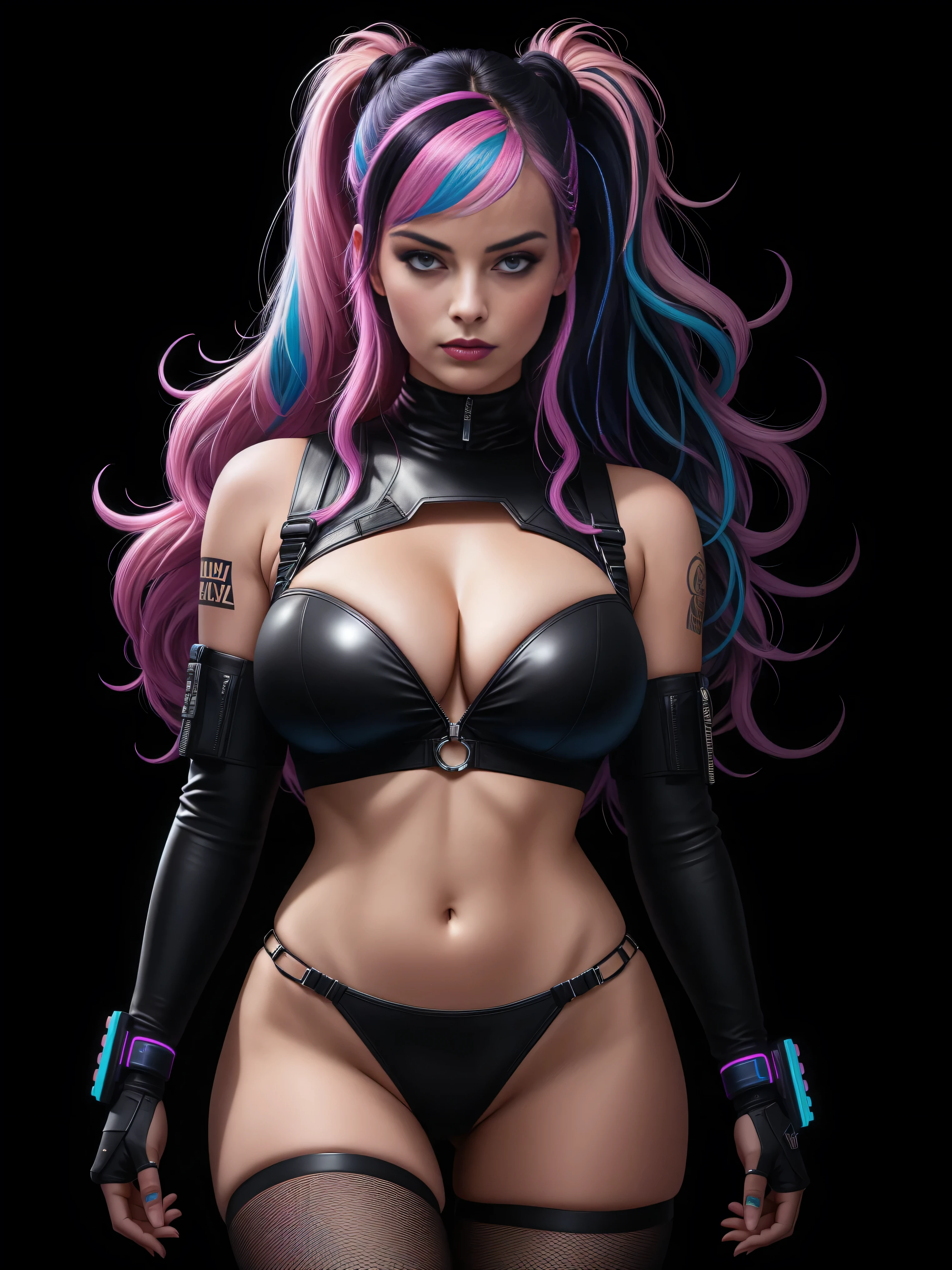 there is Margot Robbie, navy blue and bright purple neon streaked hair, hair in pony tail, 3 d neon art of a womans body, neon-noir background, cyberpunk femme fatale, seductive cyberpunk dark fantasy, cyberpunk strip clubs, cyberpunk 20 y. o model girl, oppai cyberpunk, banner, high definition cgsociety, cgsociety masterpiece, trending on cgstation, kda, random hair, looking at camera, gigantic breasts, cleavage, (high detailed skin:1.2), 8k uhd, dslr, super lighting, high quality, film grain, high res, highly detailed, hyper realistic, beautiful face, beautiful body, beautiful eyes nose lips, alluring expression, very bold, upper  visible, full body photo, standing legs apart, pale translucent glowing skin, most beautiful face, cute, (well defined pubic hair:1.2)), (dark plain black background:1.4))