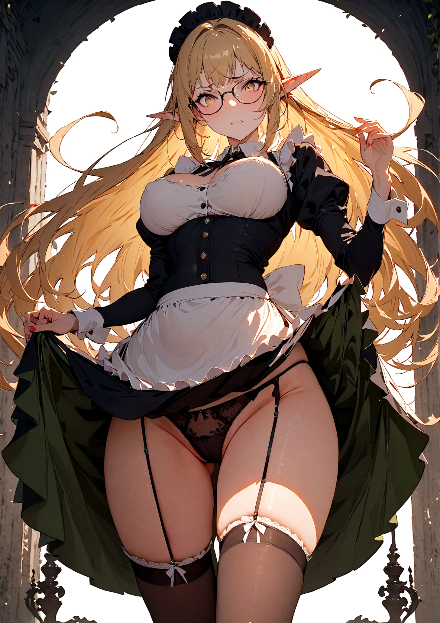 (Disdainful look:1.2),1girl,glasses,maid,elf,yellow eyes,disdain,evil,garters,large breasts,pointy ears,looking at viewer,long hair,blonde hair,expressive hair,clothes lift,best quality,Amazing,masterpiece,delicate,ultra high res,ultra detailed,8K,sharp focus,Lift up your skirt,Showing underwear,A girl with a disgusted expression shows you