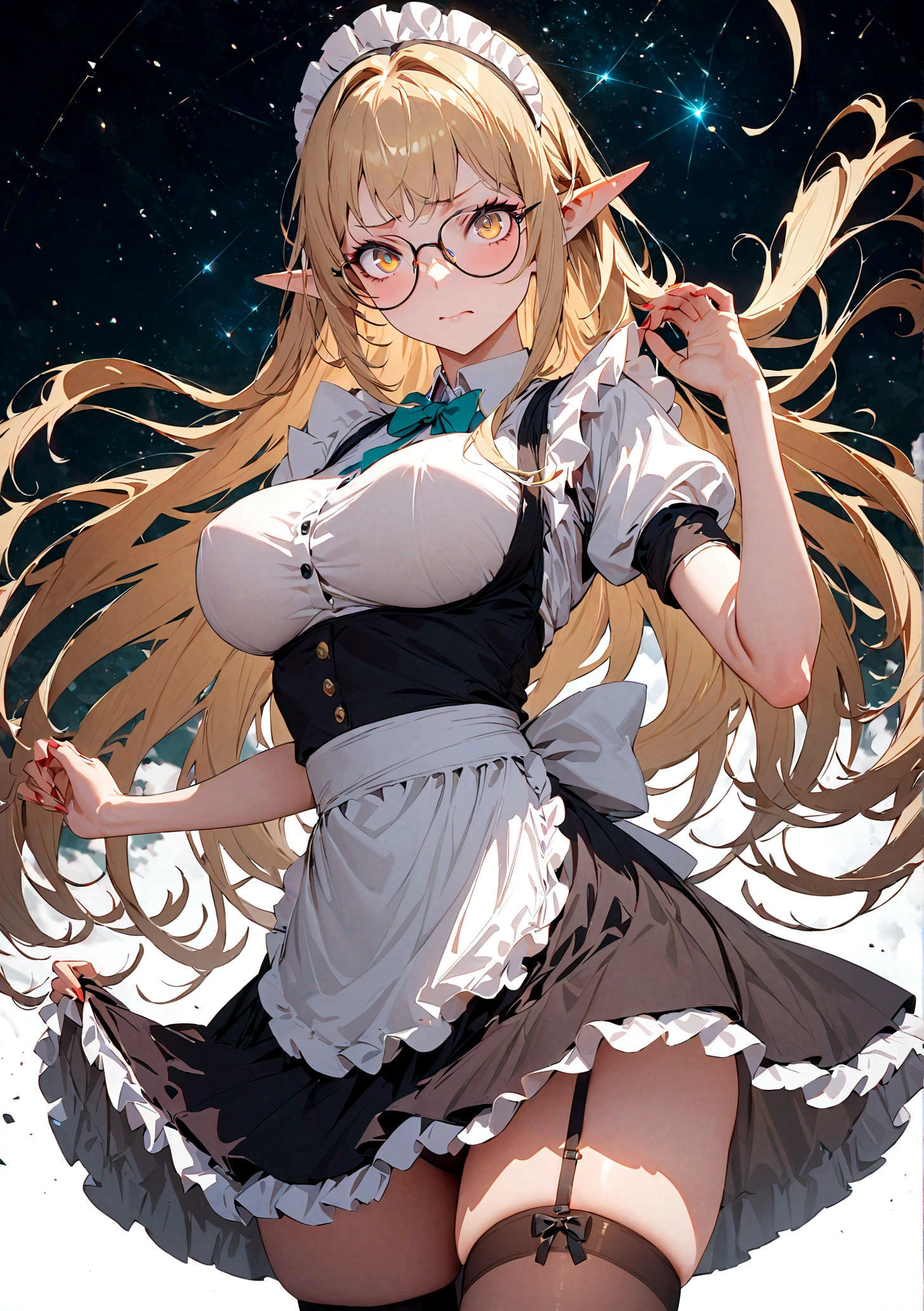 (Disdainful look:1.2),1girl,glasses,maid,elf,yellow eyes,disdain,evil,garters,large breasts,pointy ears,looking at viewer,long hair,blonde hair,expressive hair,clothes lift,best quality,Amazing,masterpiece,delicate,ultra high res,ultra detailed,8K,sharp focus,Lift up your skirt,Showing underwear,A girl with a disgusted expression shows you