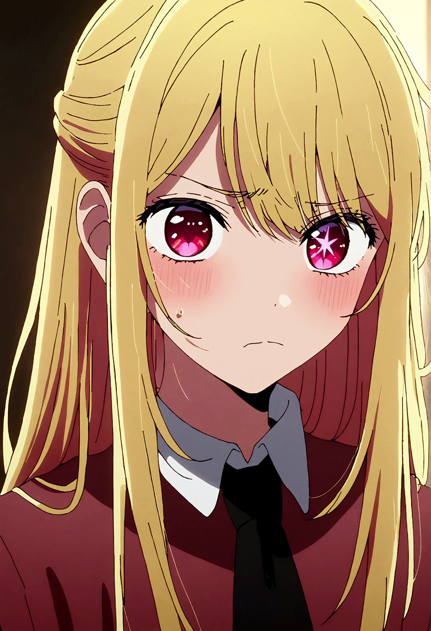 Disgusted Look, hoshinoruby, star-shaped pupils, ruby_hoshino, blonde hair, bangs, 1girl, pink eyes, long hair, looking at viewer, despise, 