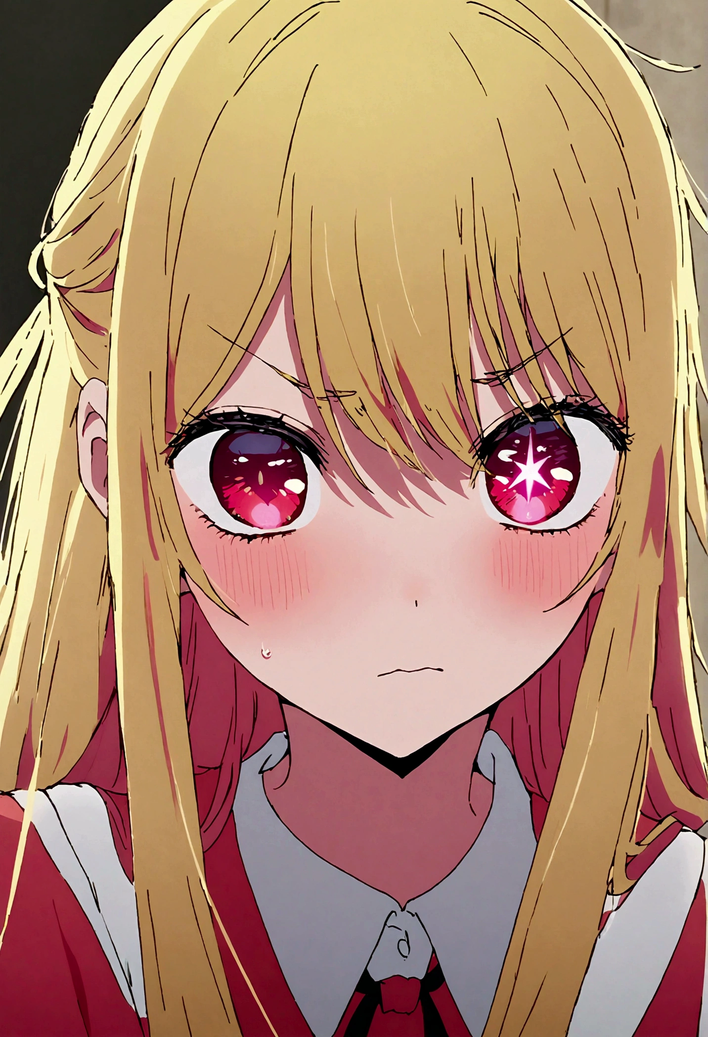 Disgusted Look, hoshinoruby, star-shaped pupils, ruby_hoshino, blonde hair, bangs, 1girl, pink eyes, long hair, looking at viewer, despise, 