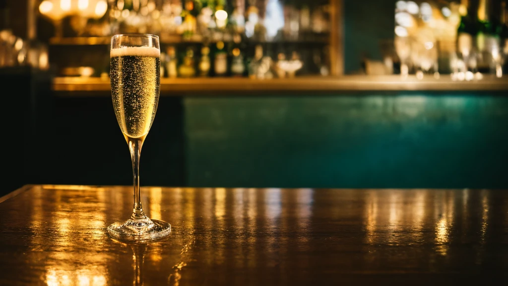 Written boundary depth, HD detailed, Wet Watermark, Hyper Detail, Realistic photos, 16k, Surrealism, Deep focus bokeh, Ray Tracing, Sepia、bar、There is champagne in the glass、 Focus on the glass