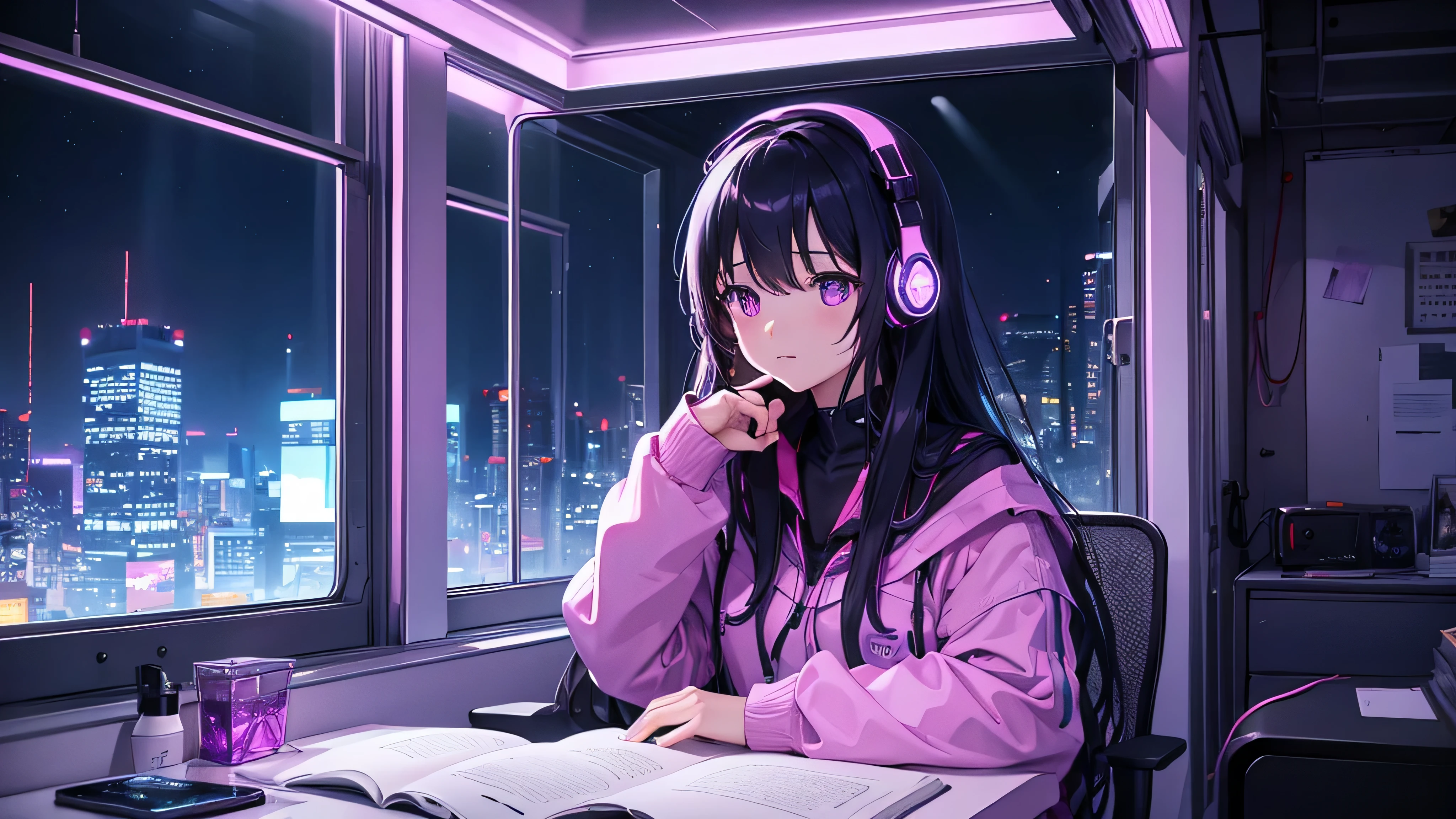 At night, the neon lights in the windows light up、Woman living alone is studying at desk on left side wearing headphones。In the corner of the room, The scenery is enveloped in the silence of the late night.、The beauty of the universe that spreads out beyond the window glass spreads out before your eyes.。There was no one else but her、Neon lights illuminate the room fantastically。The color is purple