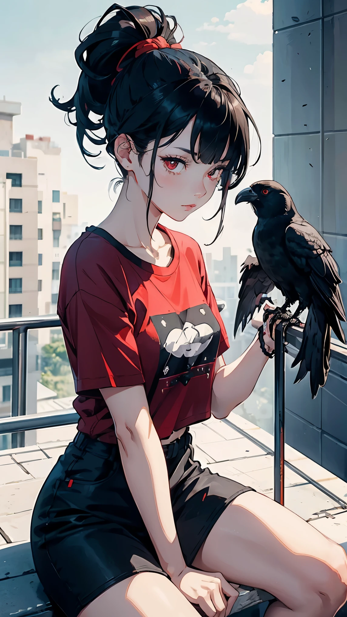 Girl1,triangle face,red eyes,black hair,braided ponytail hairstyle,red t-shirt,(a crow as a pet,crow sits on her hand),Sitting on the balcony,retina,masterpiece,ccurate,anatomical correct, textured skin,super detail,high quality,high details,best quality,highres,UHD,1080P