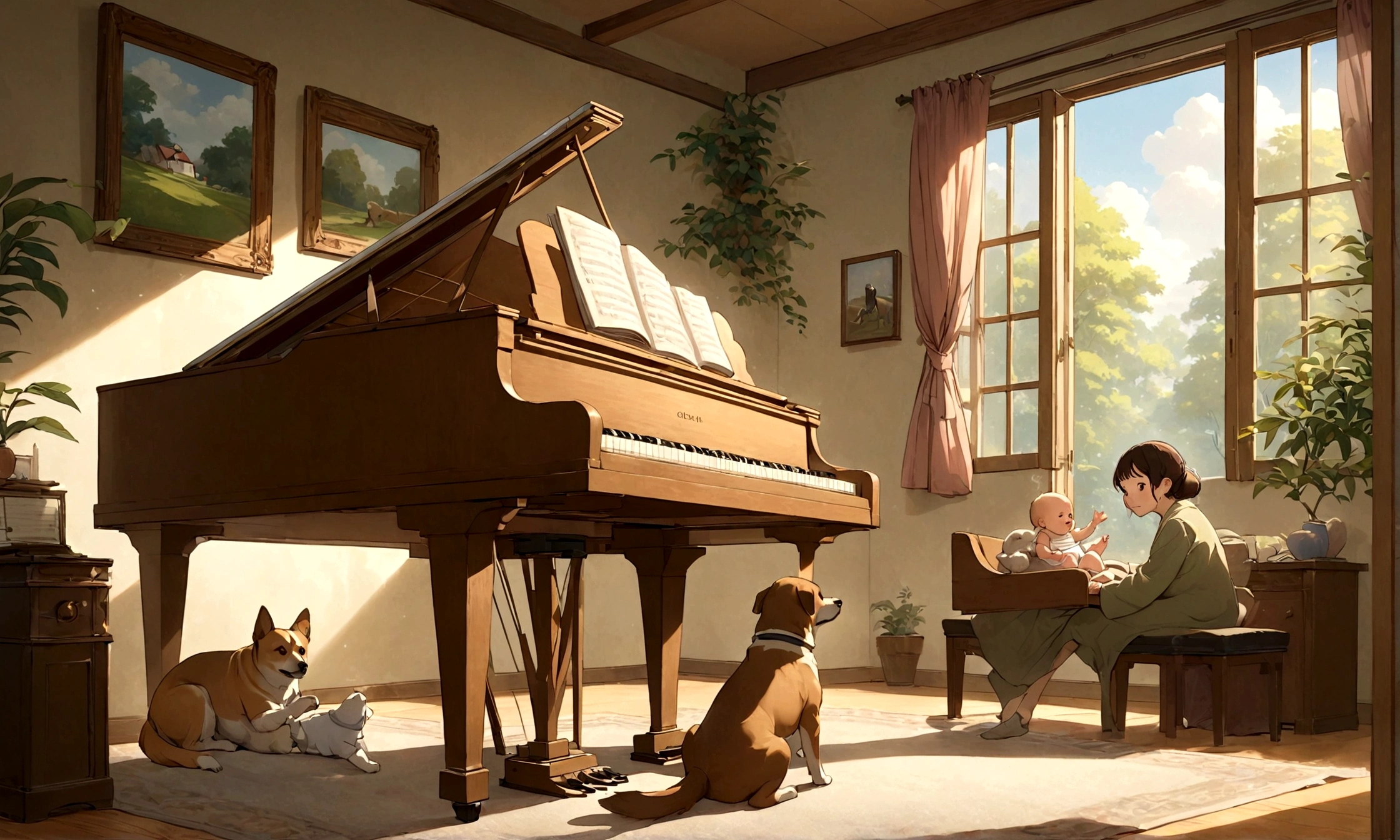 Create an image in a Studio Ghibli-inspired style featuring a dog playing the piano while a human baby listens and relaxes nearby. The scene should radiate happiness and tranquility, with the dog at the piano appearing to play a gentle, soothing melody. The baby should be comfortably lounging, showing visible signs of relaxation and contentment as they enjoy the music. The setting should be cozy and serene, capturing a moment of peaceful, laid-back joy with a whimsical, enchanting Ghibli-like atmosphere.