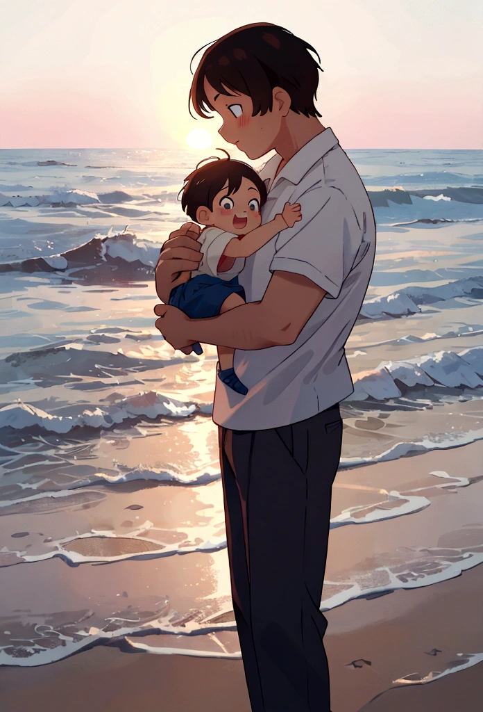a chubby father holding his newborn baby boy at the seaside at night, black hair, black t-shirt, stars, starry night sky, shiny stars,