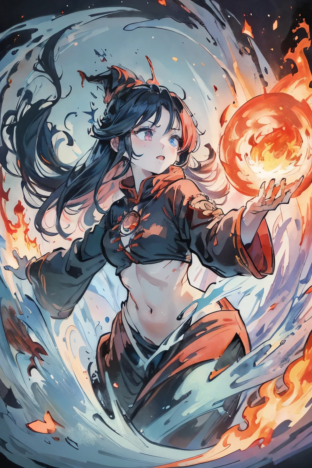 Best quality, best image quality, anime style, illustration, one witch with open arms, half of the witch is in a hellish landscape with flames burning, fire magic is overflowing from her hands, the other half is extremely cold with a blizzard A witch with beautiful red and blue odd eyes, whose ice magic is overflowing from the moment she appears.32k,