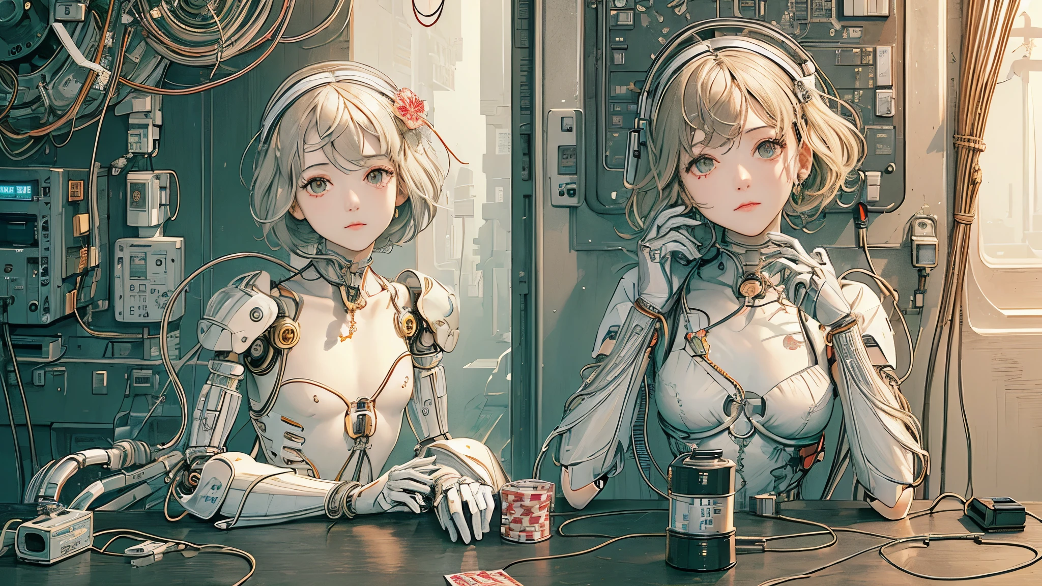 (((masterpiece))), (((highest quality))), ((Very detailed)), (Highly detailed CG illustrations), ((Very delicate and beautiful)),(Cute and delicate face),Light,((1. Machine Girl)),alone,whole body,(Machine made joints:1.4),((Mechanical Limbs)),(Muscles bulge),(Blood vessels are connected to tubes),(Brain in a container:1.3),((Mechanical vertebrae attached to the back)),((Mechanical cervical vertebrae attached to the neck)),((Sitting)),poker face,(Wires and cables attached to head and body:1.5),Small breasts,short hair,(Character Focus),SF