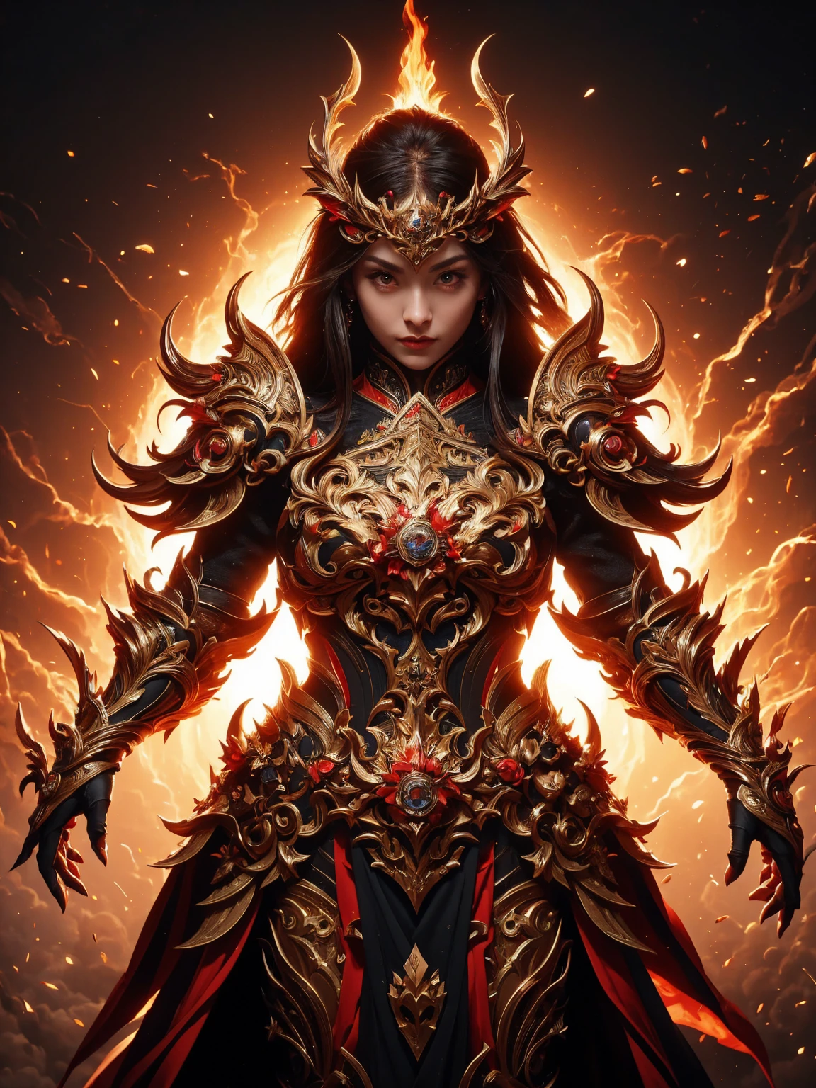 ((Detailed background, Battlefield, group of armies)), (masterpiece, top quality, best quality, official art, beautiful and aesthetic:1.2), (1girl),craft a Hyper-realistic portrayal of a futuristic (1girl1.2), beautiful  character donned in intricate armor surrounded by captivating flames, an epic long (sword:1.2), Dynamic pose, Random pose, Dynamic angle, battle stance, Meticulous details capture the intense fusion of tradition and innovation in this visually stunning composition. Trending on Artstation.