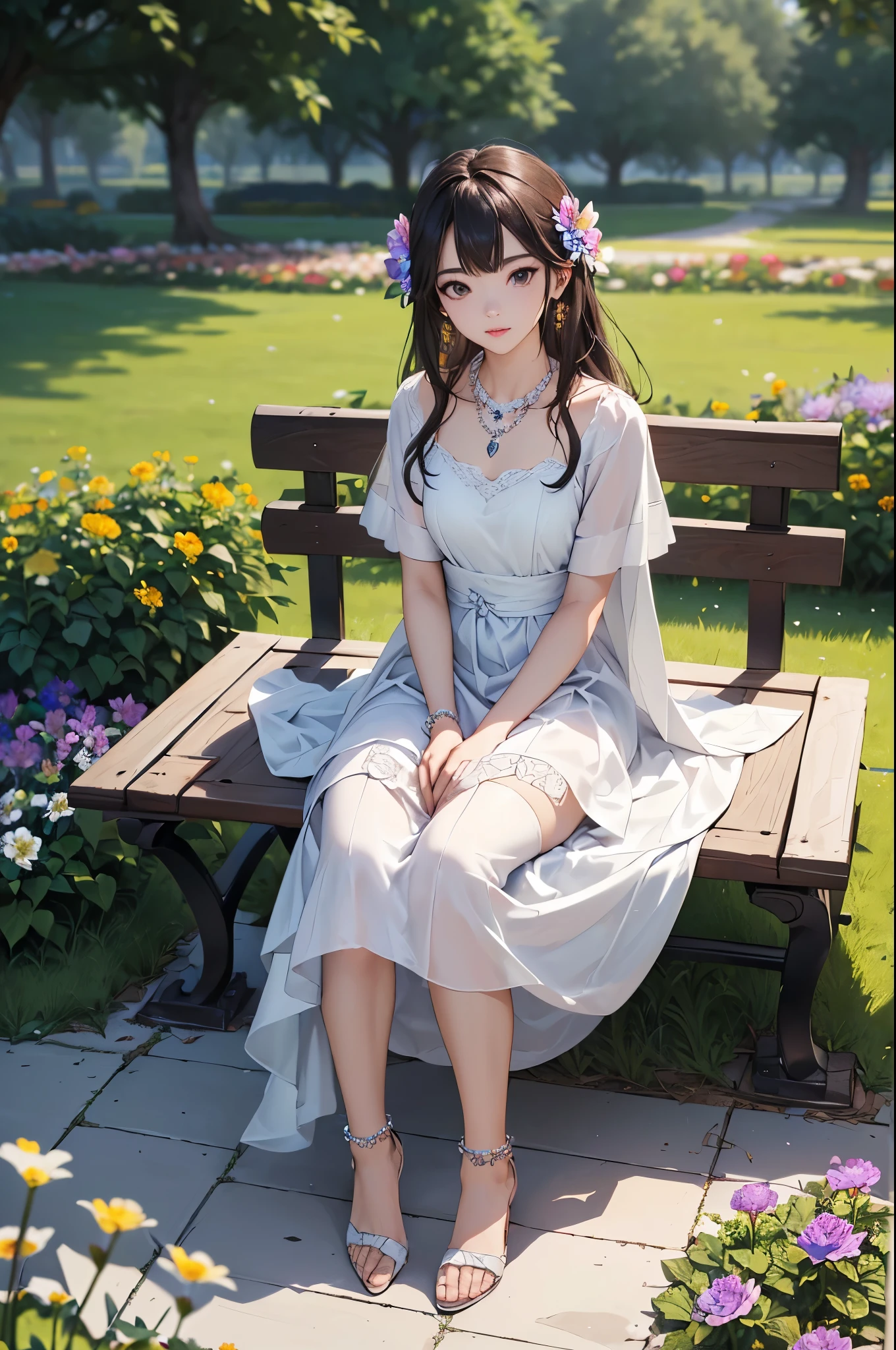 ((Biologically correct limb count))、((Full Body Shot, Full-body photo including face、Head to toe photos))、4K、masterpiece、((Focus on the face))、((Symmetrical facial features))、Eyes of meticulous depiction、One beautiful woman、Excellent style、(stockings、High heels with anklets)、Detailed Description、Small earrings、necklace、(Low - Angle)(((The background is a flower bed in full bloom)))、Sitting on a bench