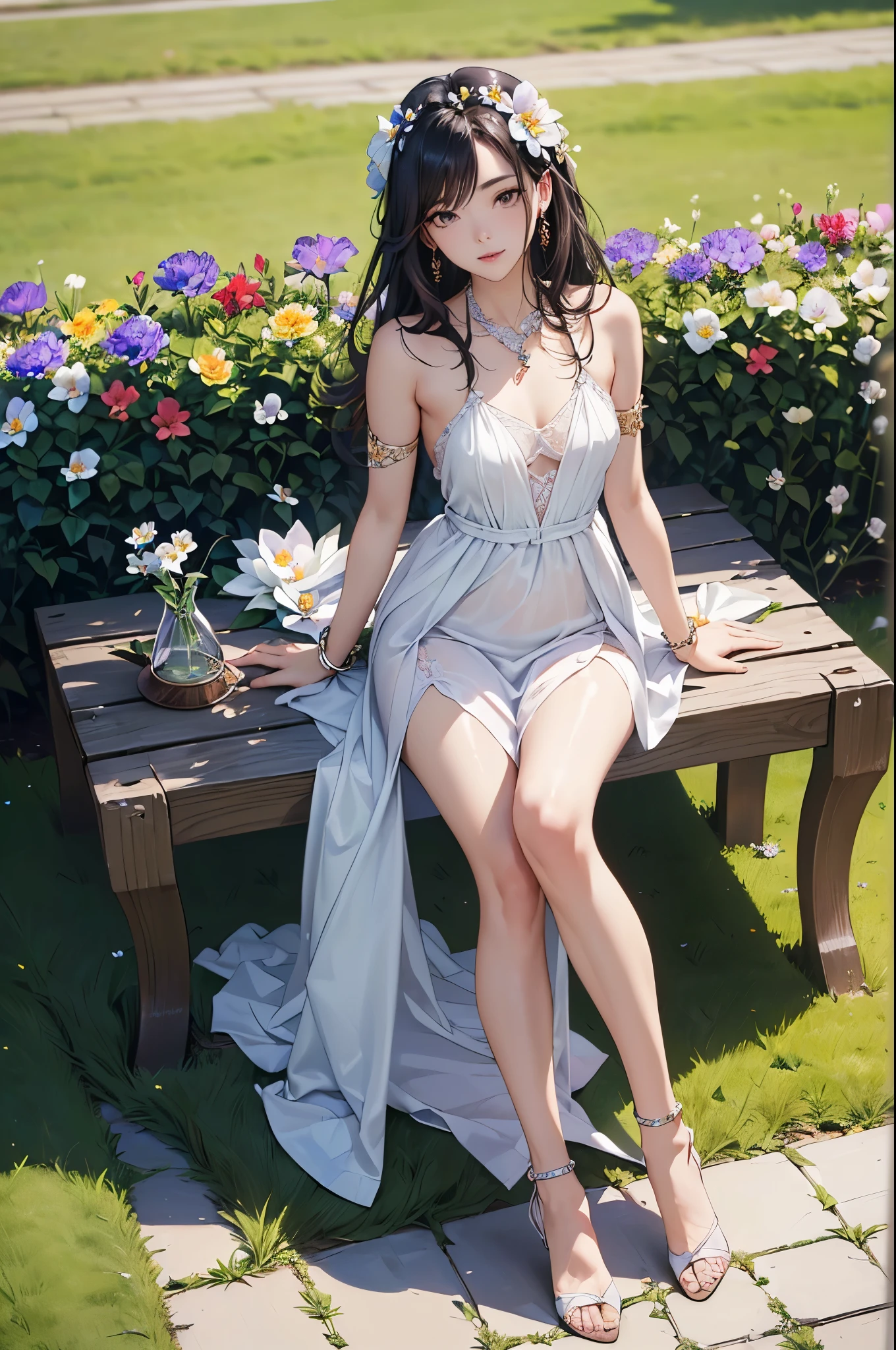 ((Biologically correct limb count))、((Full Body Shot, Full-body photo including face、Head to toe photos))、4K、masterpiece、((Focus on the face))、((Symmetrical facial features))、Eyes of meticulous depiction、One beautiful woman、Excellent style、(stockings、High heels with anklets)、Detailed Description、Small earrings、necklace、(Low - Angle)(((The background is a flower bed in full bloom)))、Sitting on a bench、latex、leather